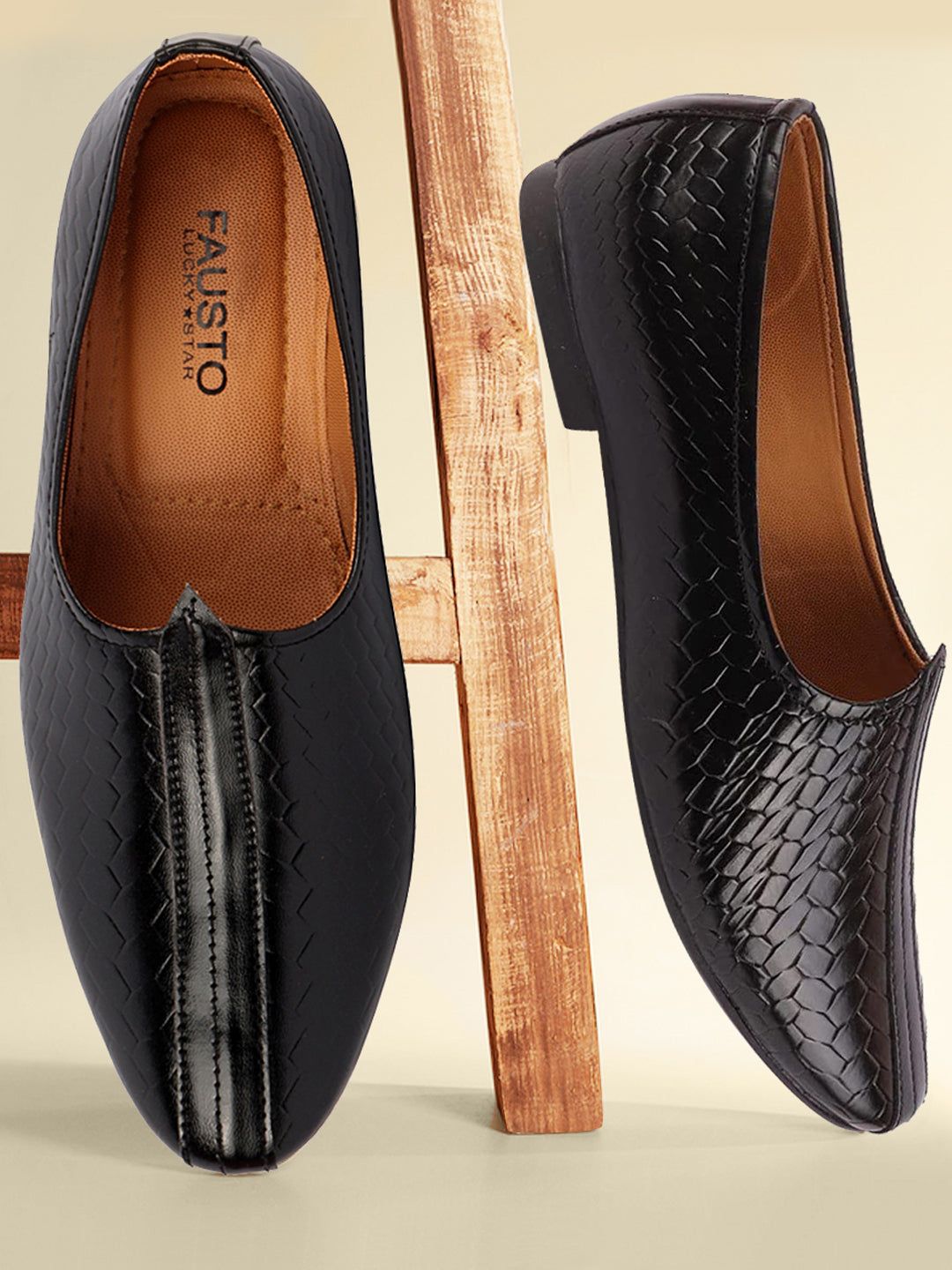 FAUSTO Men Black Woven Design PU Mojaris-picture-17