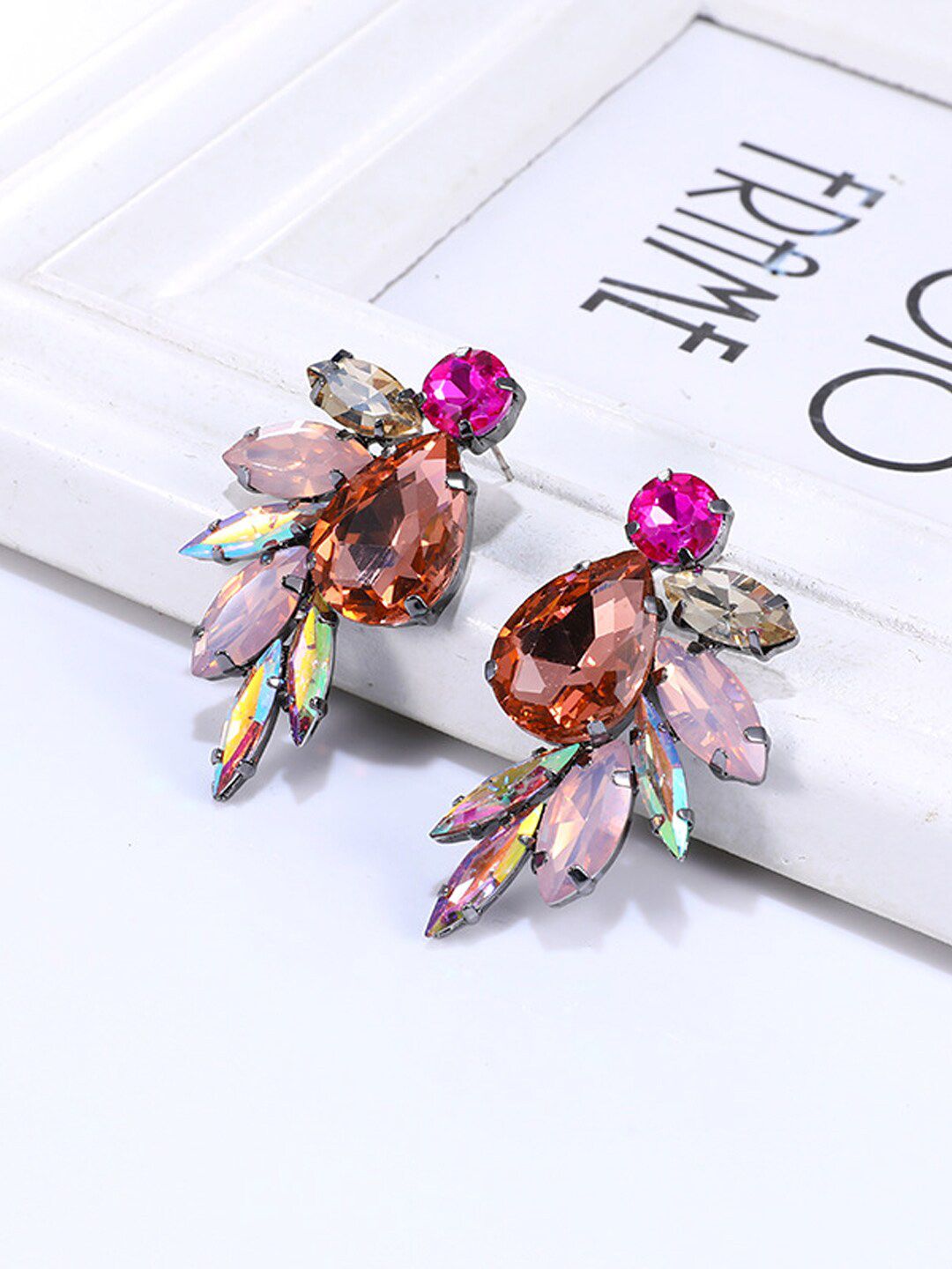 Yellow Chimes Multicolor Crystal Studded Tear Drop Earrings-image-32