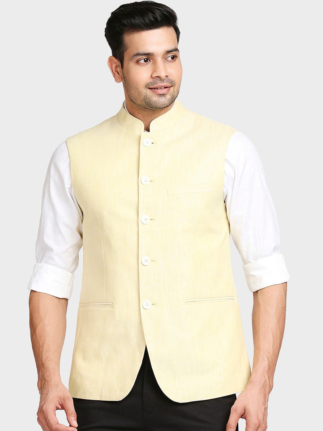 ColorPlus Men Yellow Solid Woven Design Nehru Jackets-image-27