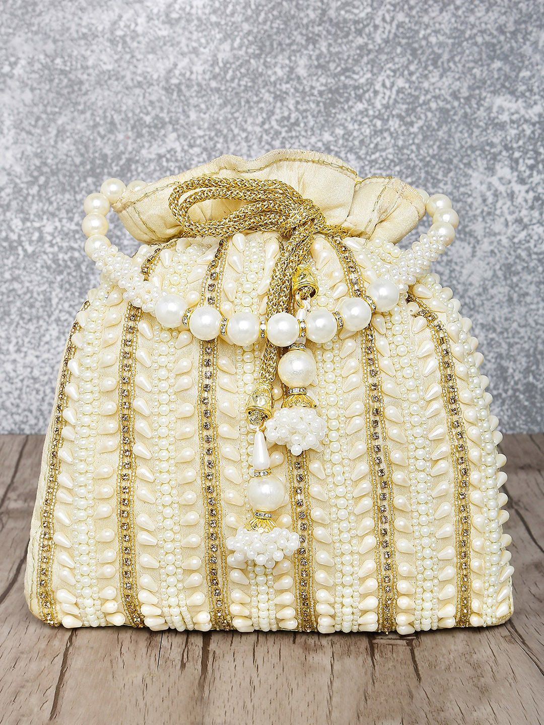 Peora Cream-Coloured & Brown Embellished Potli Clutch-picture-31