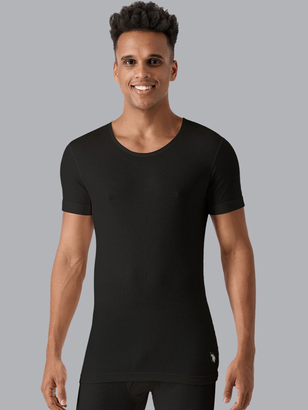 U.S. Polo Assn. Men Black Solid Cotton Snug Fit Thermal Tops