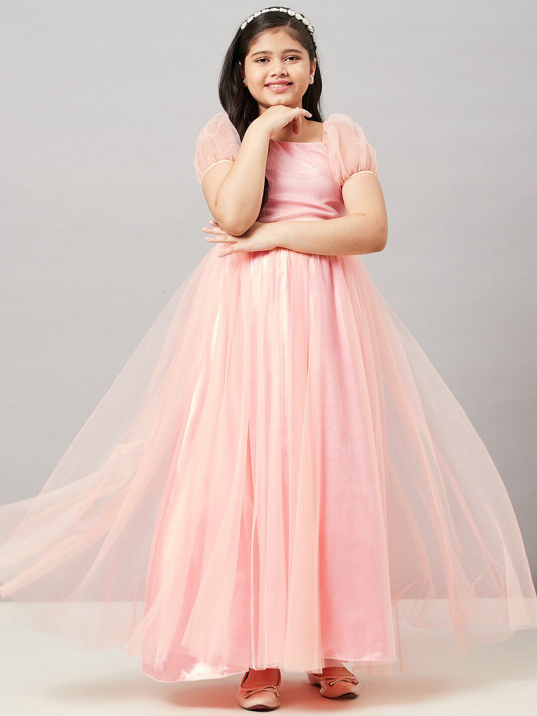 stylobug Stylo Bug Girls Peach-Coloured Solid Maxi Party Gown-picture-11