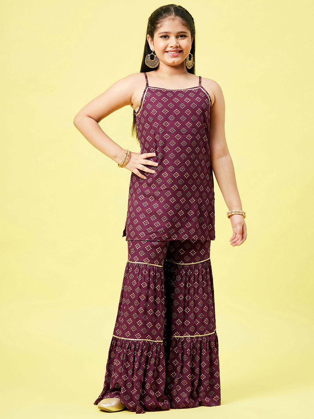 Stylo Bug Girls Maroon Ethnic Motifs Printed Pure Cotton Kurta with Sharara-picture-14