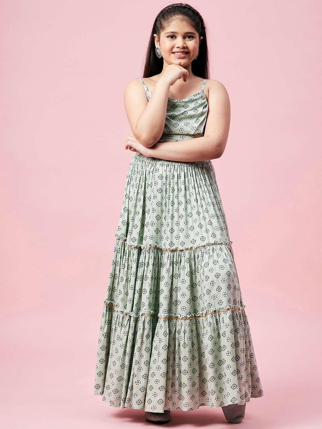 stylobug Stylo Bug Girls Green & Black Printed Layered Ready to Wear Pure Cotton Lehenga & Blouse-picture-11