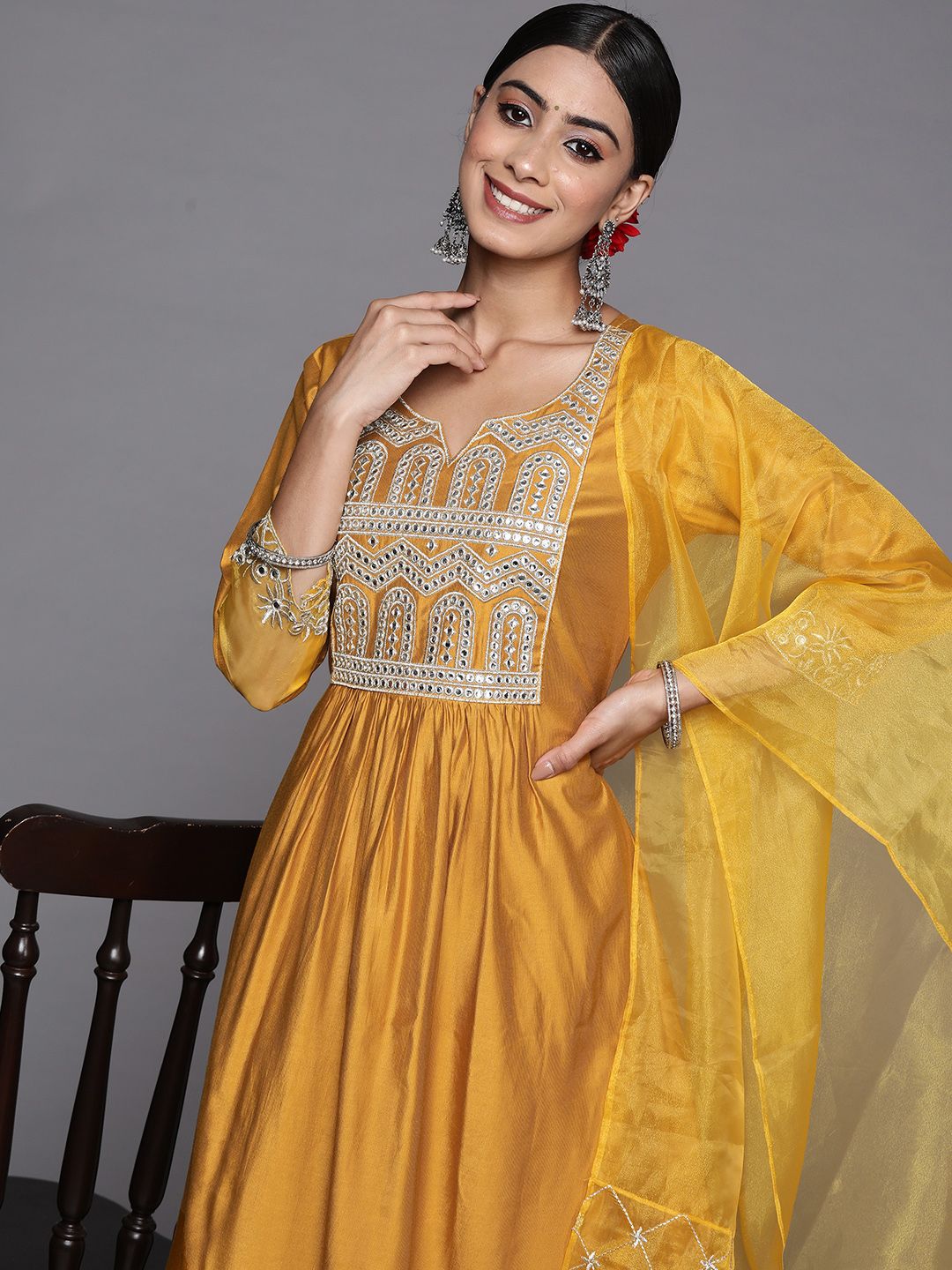 Indo Era Women Mustard Yellow Embroidered Mirror Work Liva Kurta with Trousers & With Dupatta