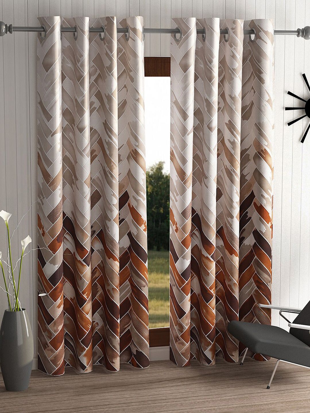 Home Sizzler Brown & Cream-Coloured Pack of 2 Geometric Long Door Curtain-image-28