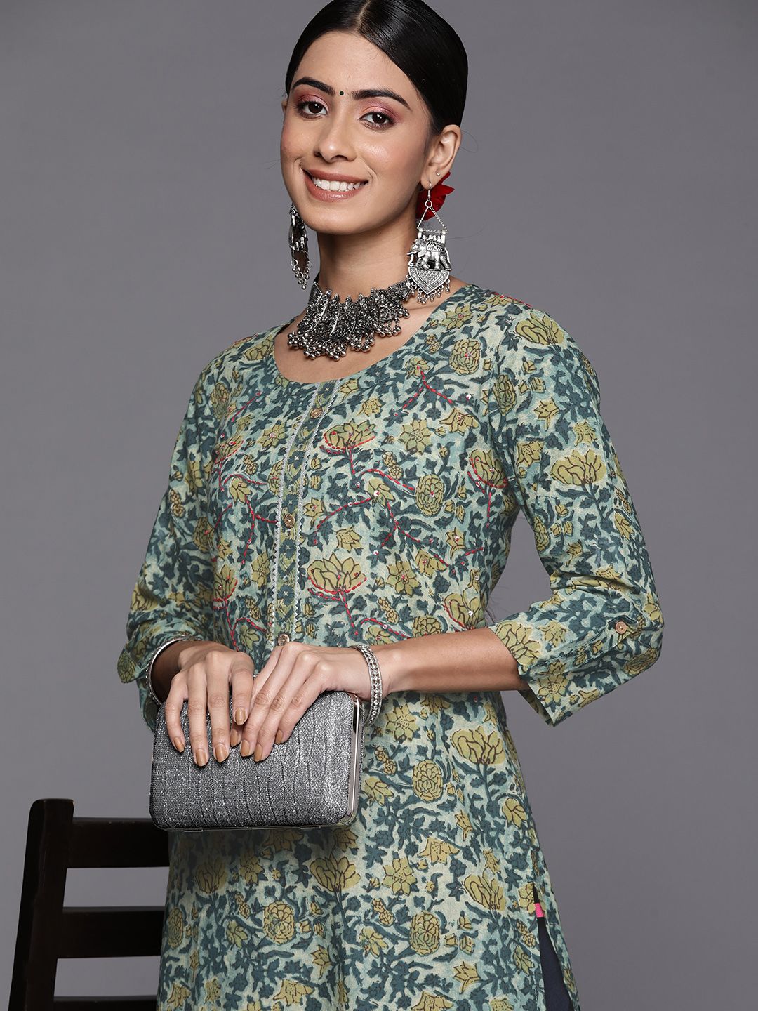 Varanga Women Green & Teal Blue Ethnic Motifs Printed Gotta Patti Kurta-picture-38