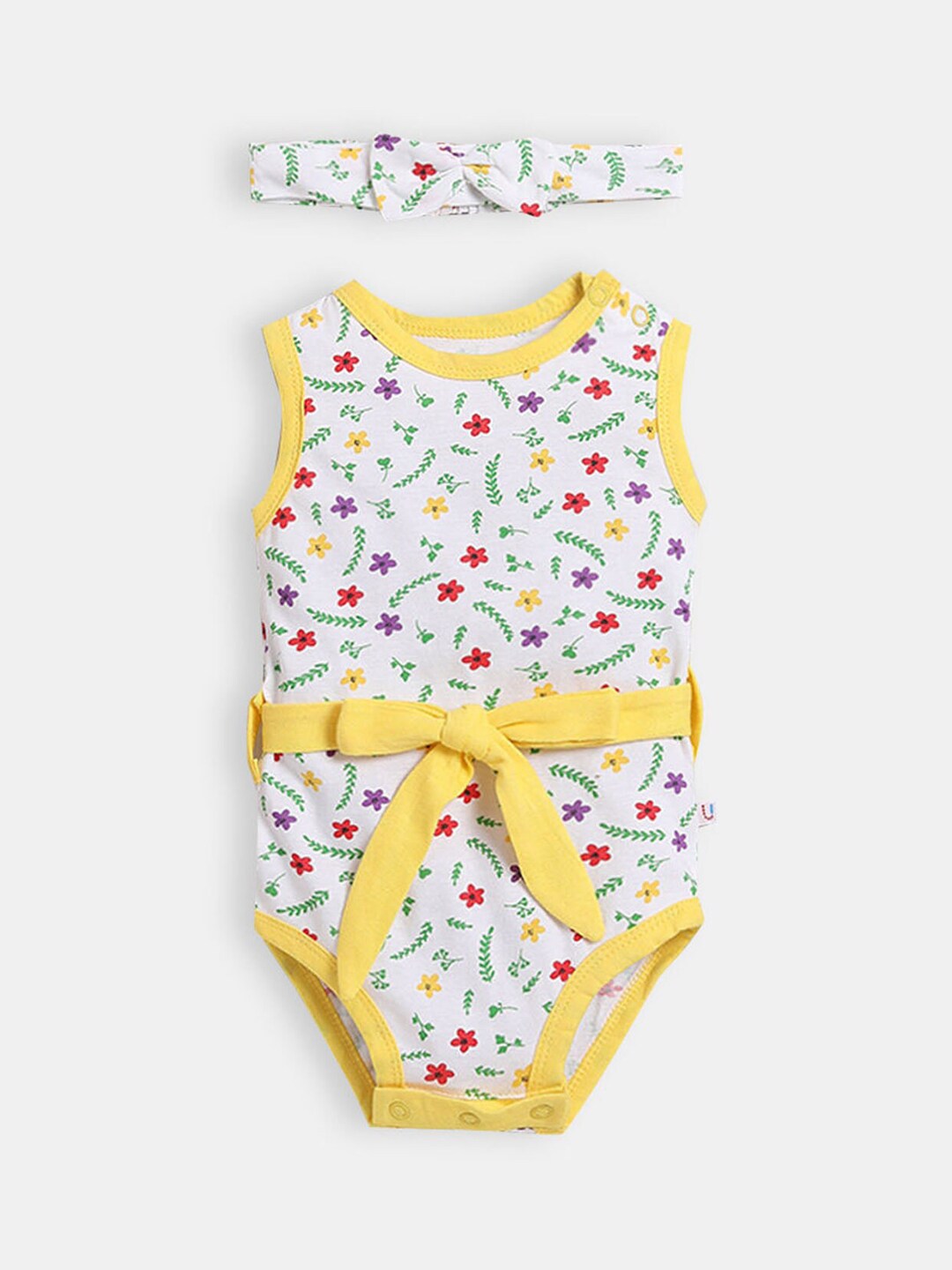 Hopscotch Girls Yellow & White Printed Pure Cotton Rompers With Headband