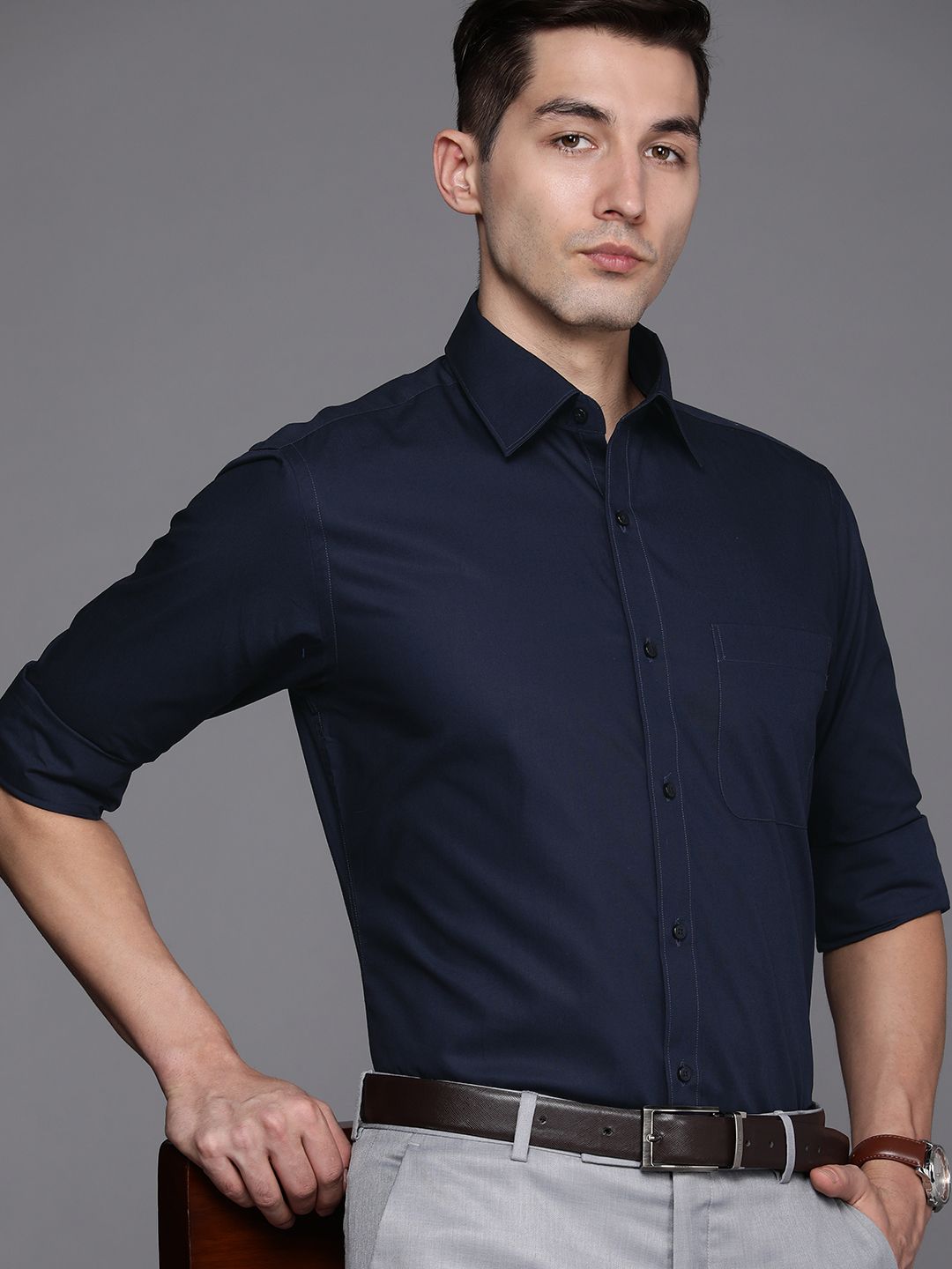 Raymond Men Navy Blue Solid Slim Fit Pure Cotton Formal Shirt-picture-38