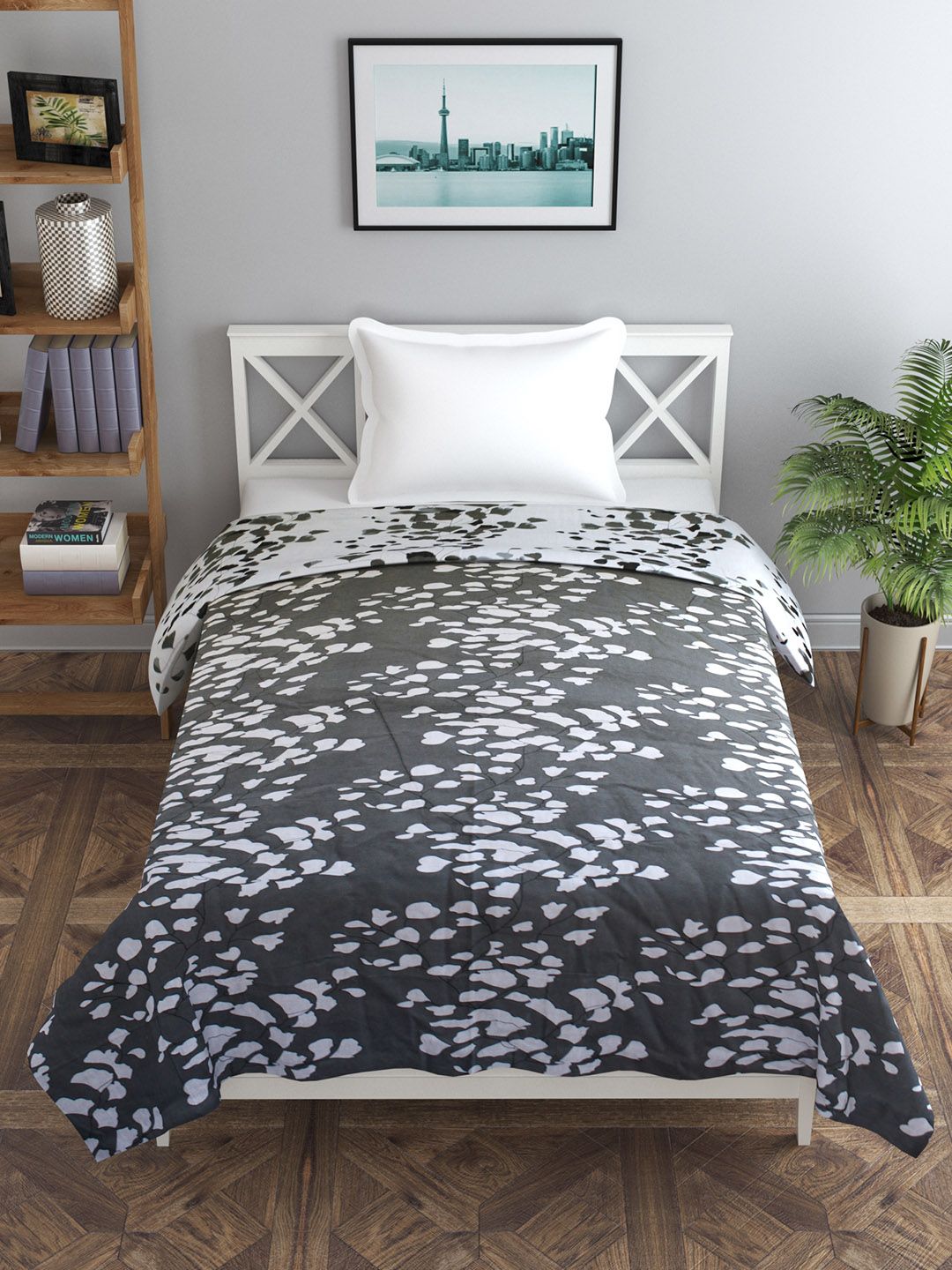 Trance home Linen Grey White Leaves 210 GSM Pure Cotton Reversible Single Bed Size Dohar-picture-11