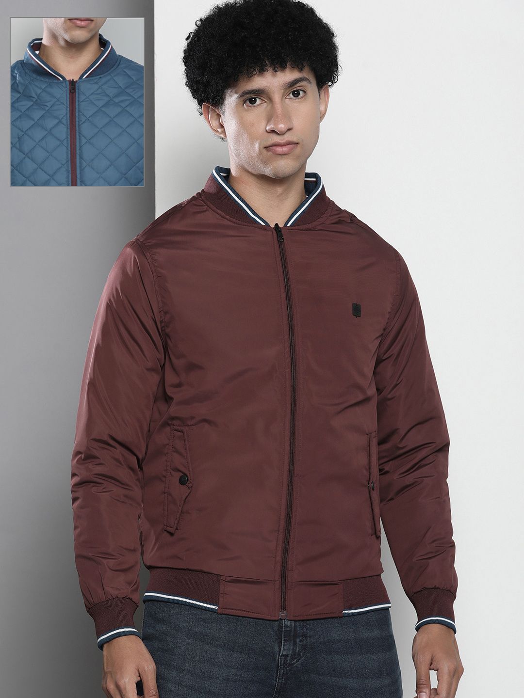 The Indian Garage Co Men Brown & Blue Reversible Bomber Jacket