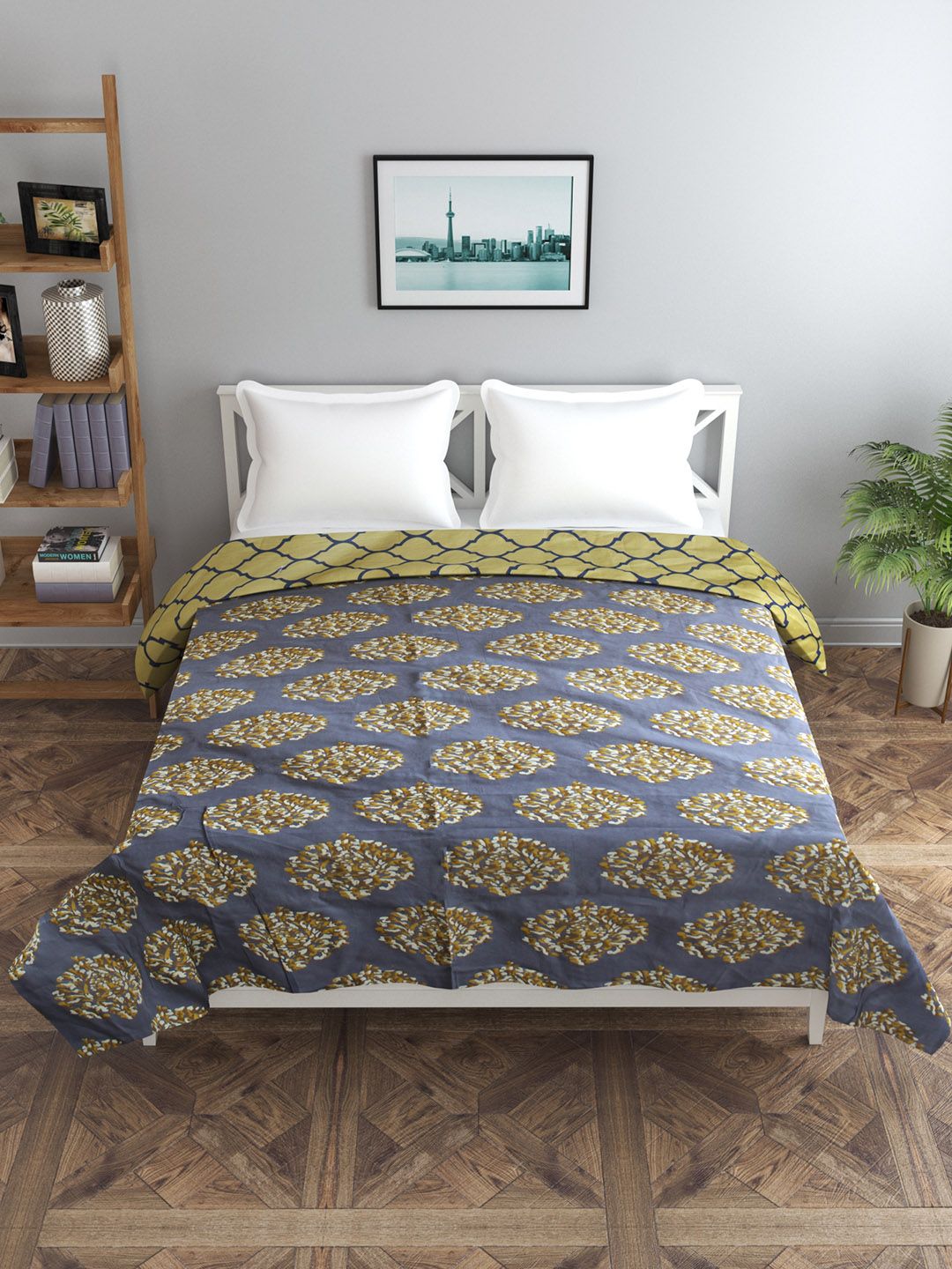 Trance home Linen Damask Mustard Yellow 210 GSM Pure Cotton Reversible Double Bed Size Dohar-picture-17