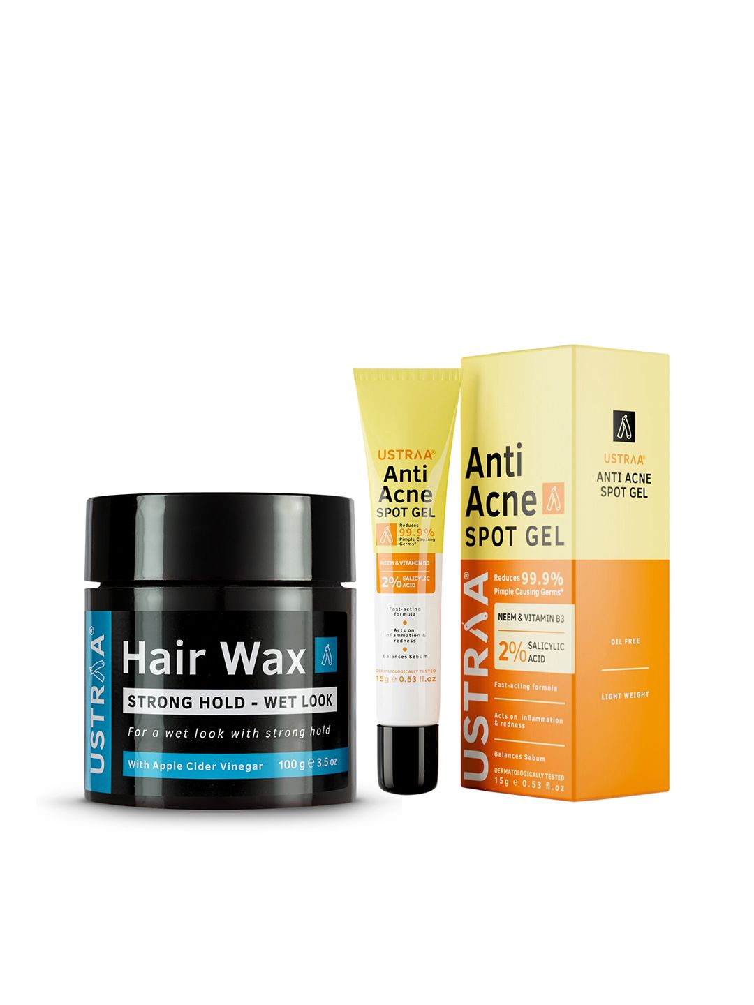 Ustraa Men Set of Strong Hold Wet Look Hair Wax 100g & Oil Free Anti-Acne Spot Gel 15g