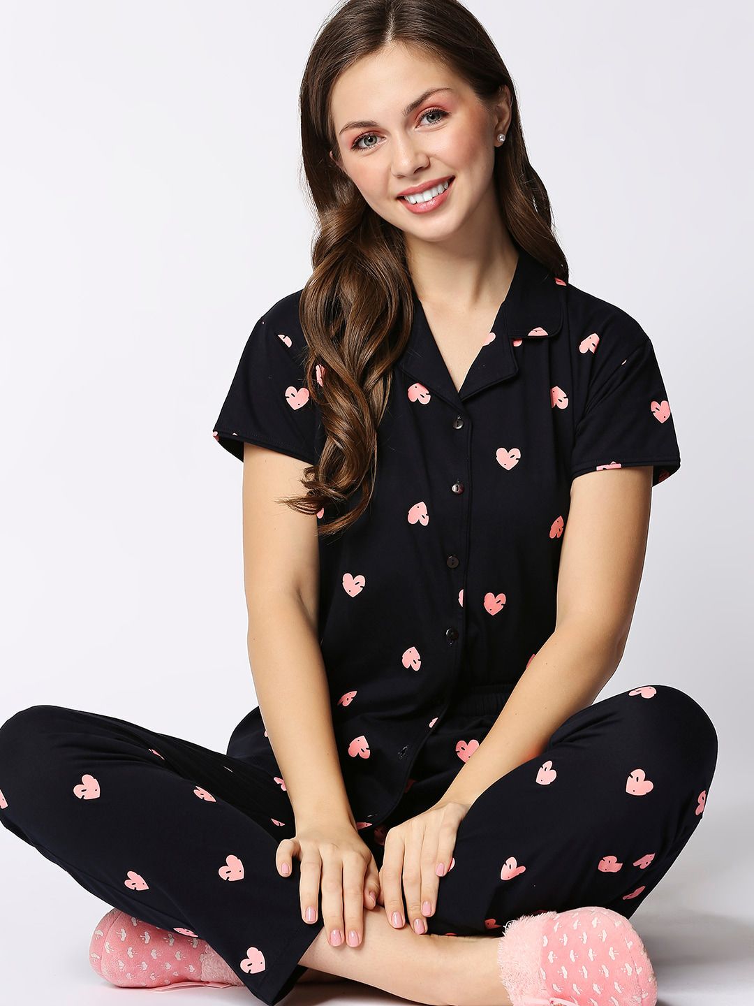 I like me Women Black & Pink Printed Night suit