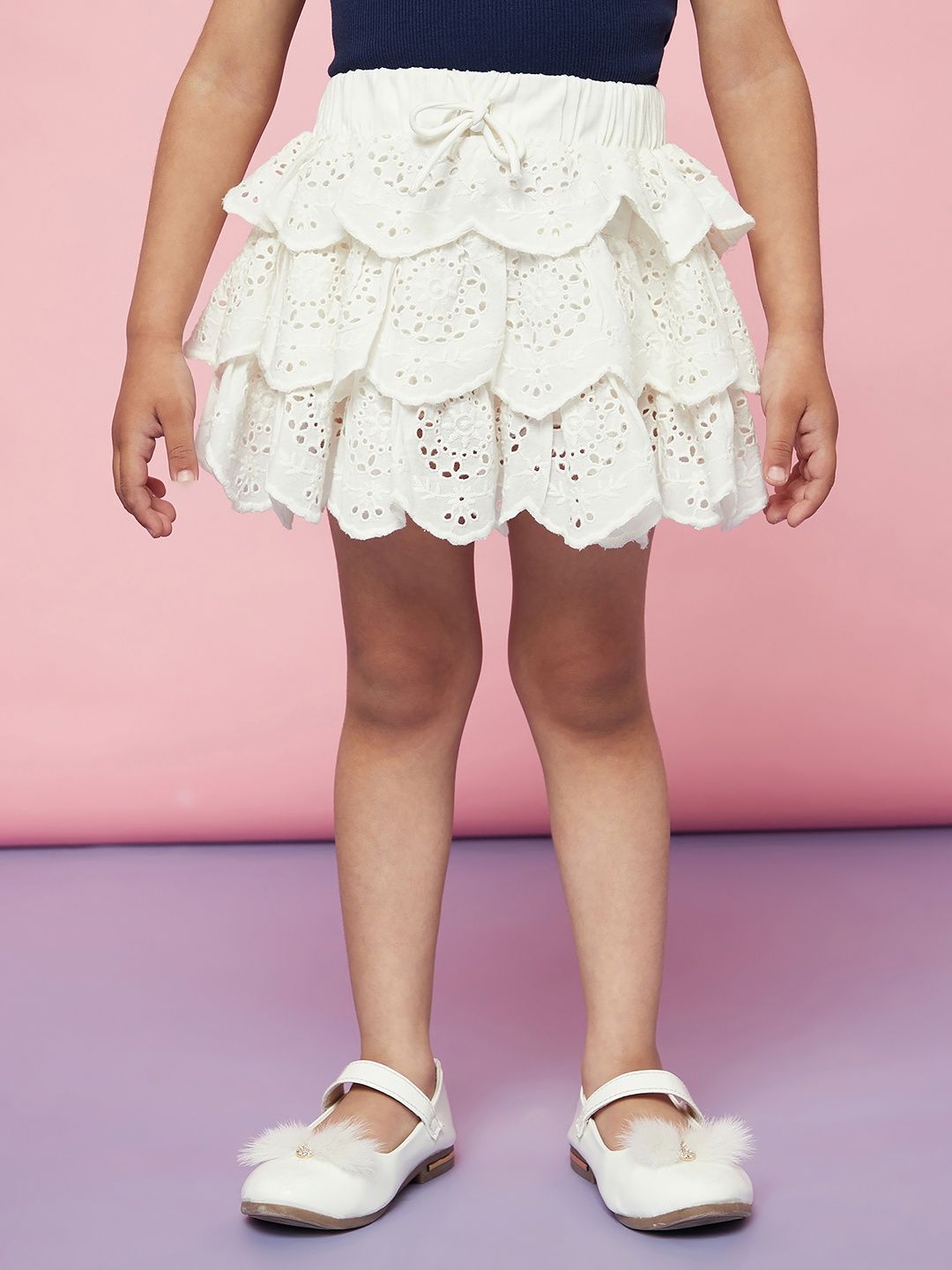 SPUNKIES Girls White Schiffli Printed Knee Length Flared Skirts-picture-46