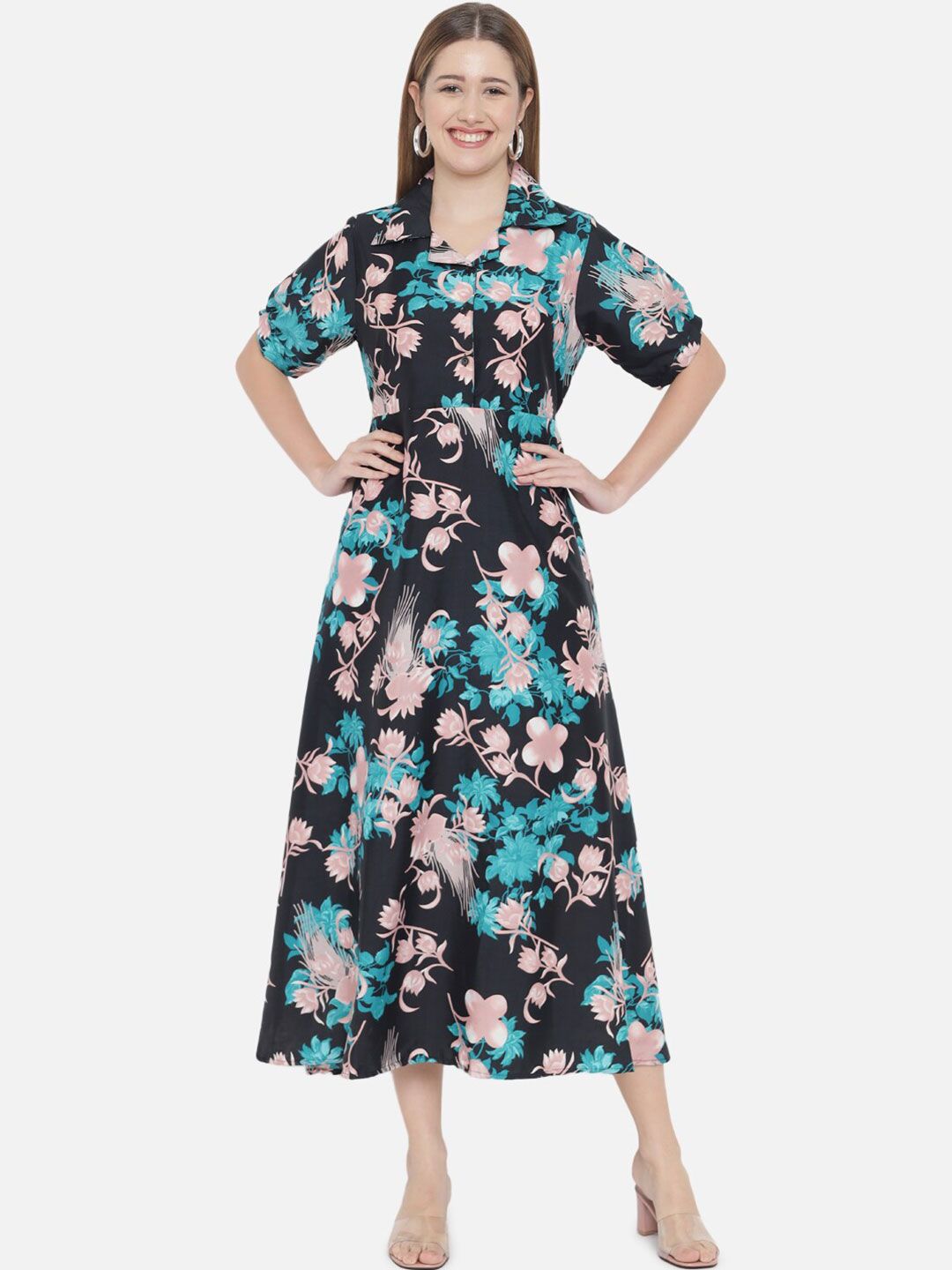 Indietoga Women Green & Black Printed Fit & Flare Long Maxi Dress-picture-40