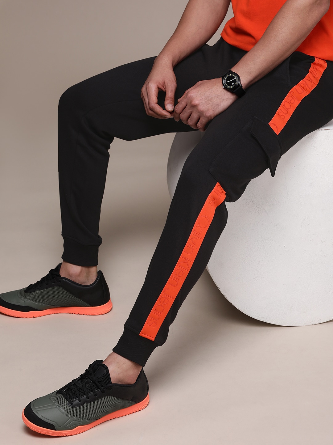 Calvin Klein Jeans Men Black & Orange Logo Striped Joggers
