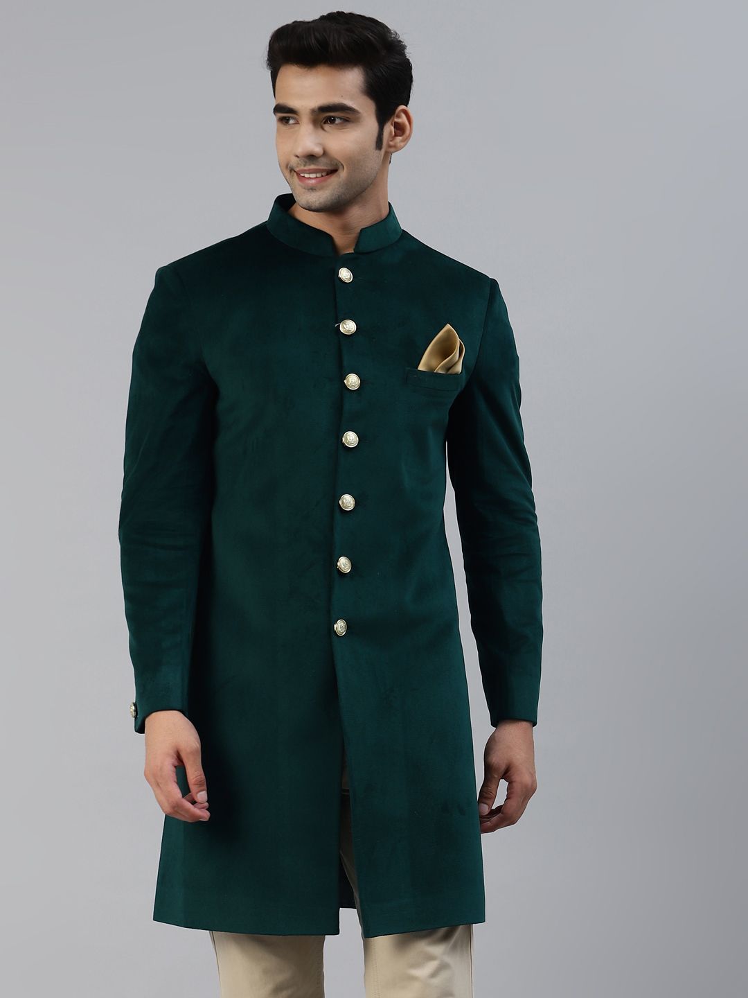 Buy Luxrio Luxrio Men Green Velvet Finish Tailored Fit Solid Sherwani ...