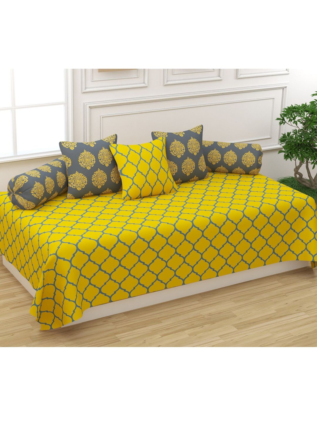 Trance Home Linen Yellow & Blue   Printed 200 TC Pure Cotton Diwan Set
