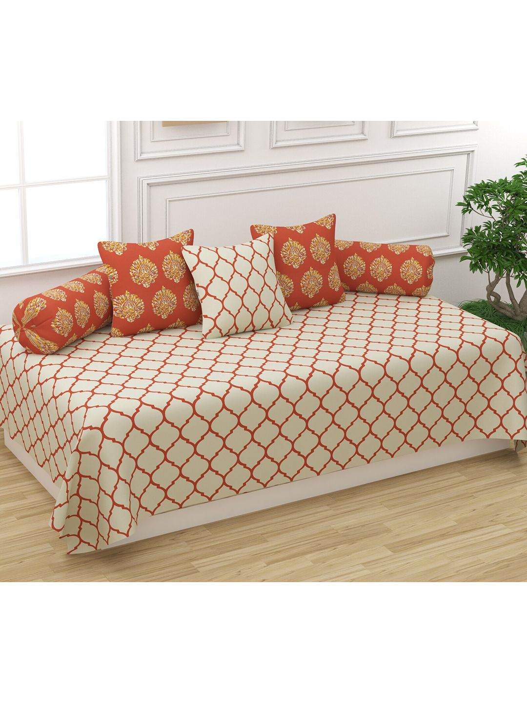Trance Home Linen Set Of 6 Red & Cream Coloured Pure Cotton 200 TC Diwan Set-picture-19