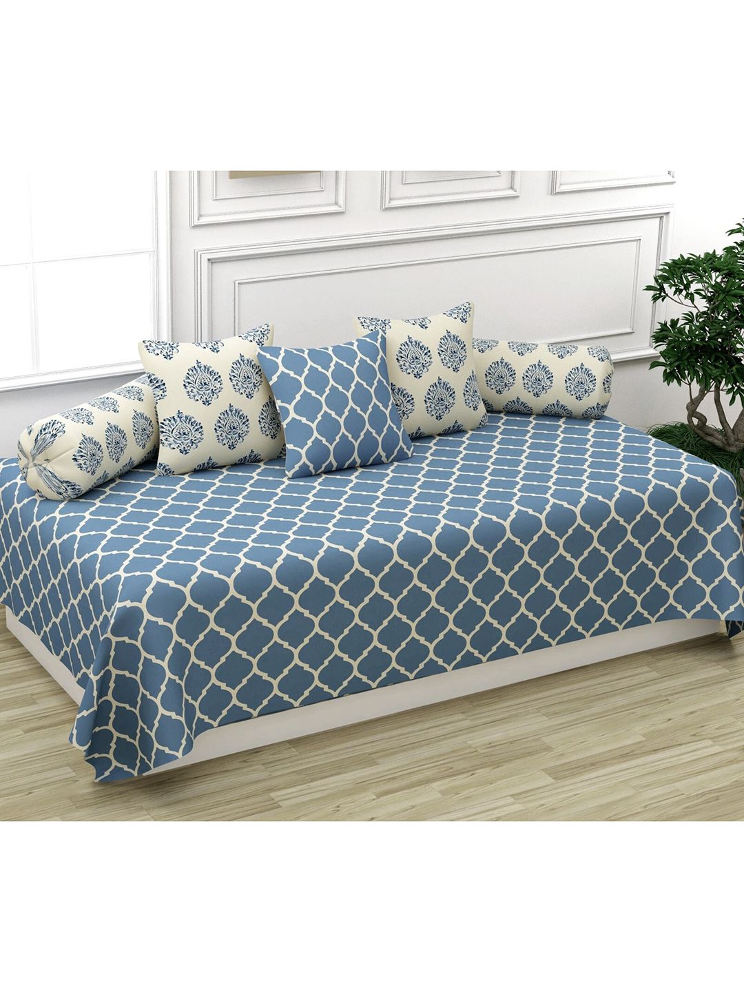Trance Home Linen Set Of 6 Blue Geometric Printed Pure Cotton 200 TC Diwan Set-image-14