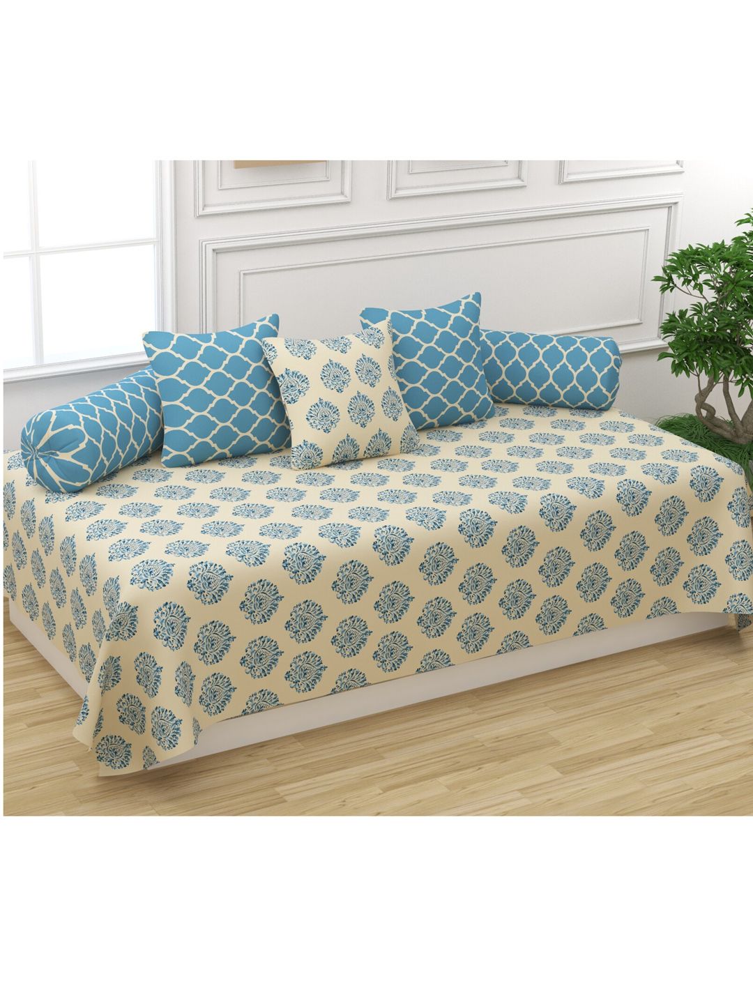 Trance Home Linen Set Of 6 Blue Ethnic Motif Printed Pure Cotton 200 TC Diwan Set-picture-38
