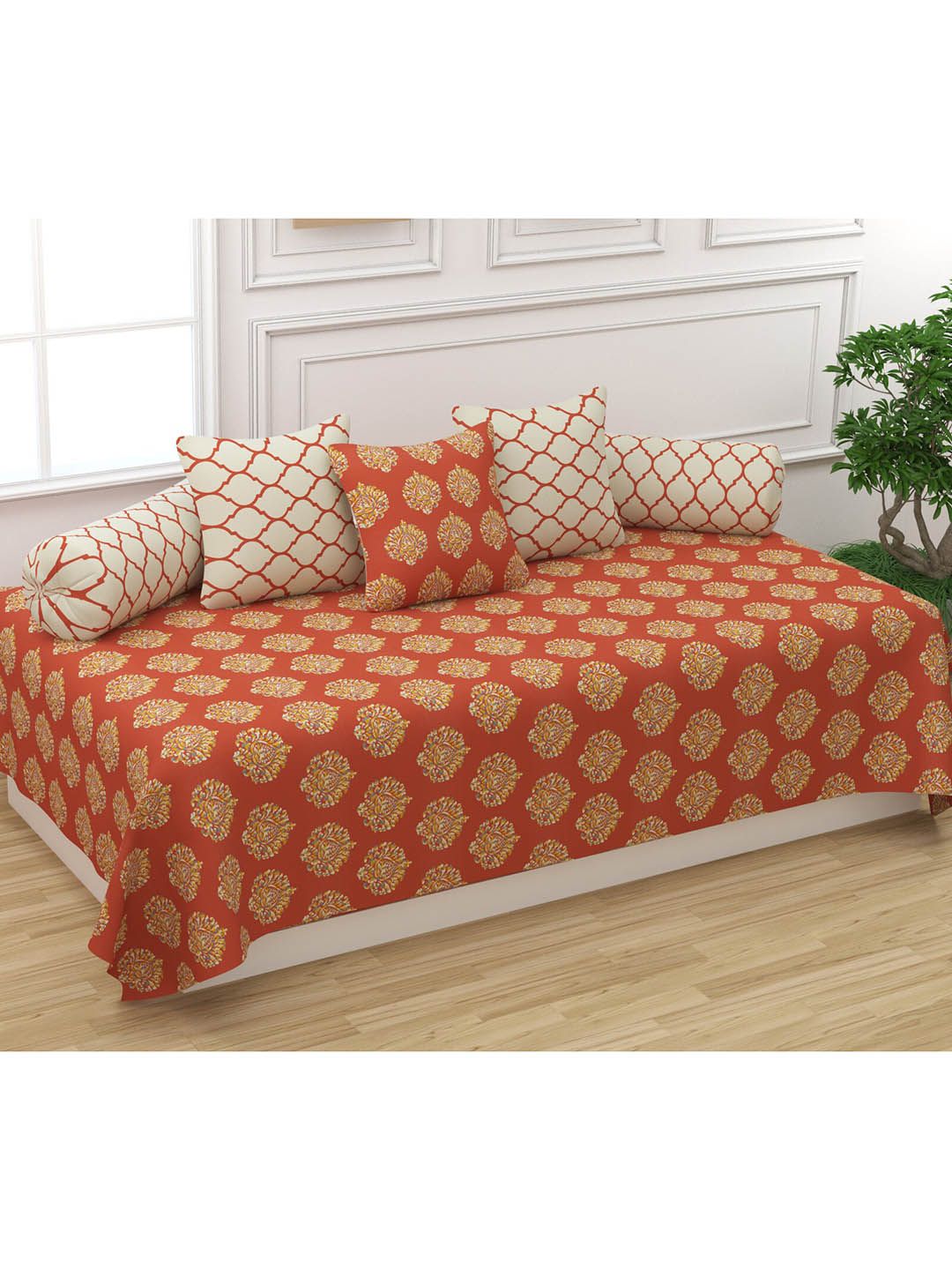 Trance Home Linen Red & Beige Printed 200 TC Pure Cotton Diwan Set