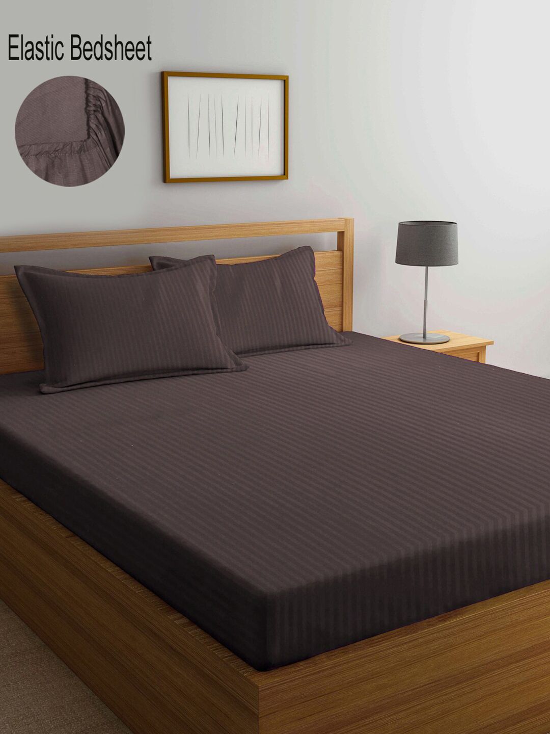 KLOTTHE Brown Striped 300 TC Fitted King Bedsheet with 2 Pillow Covers-picture-33