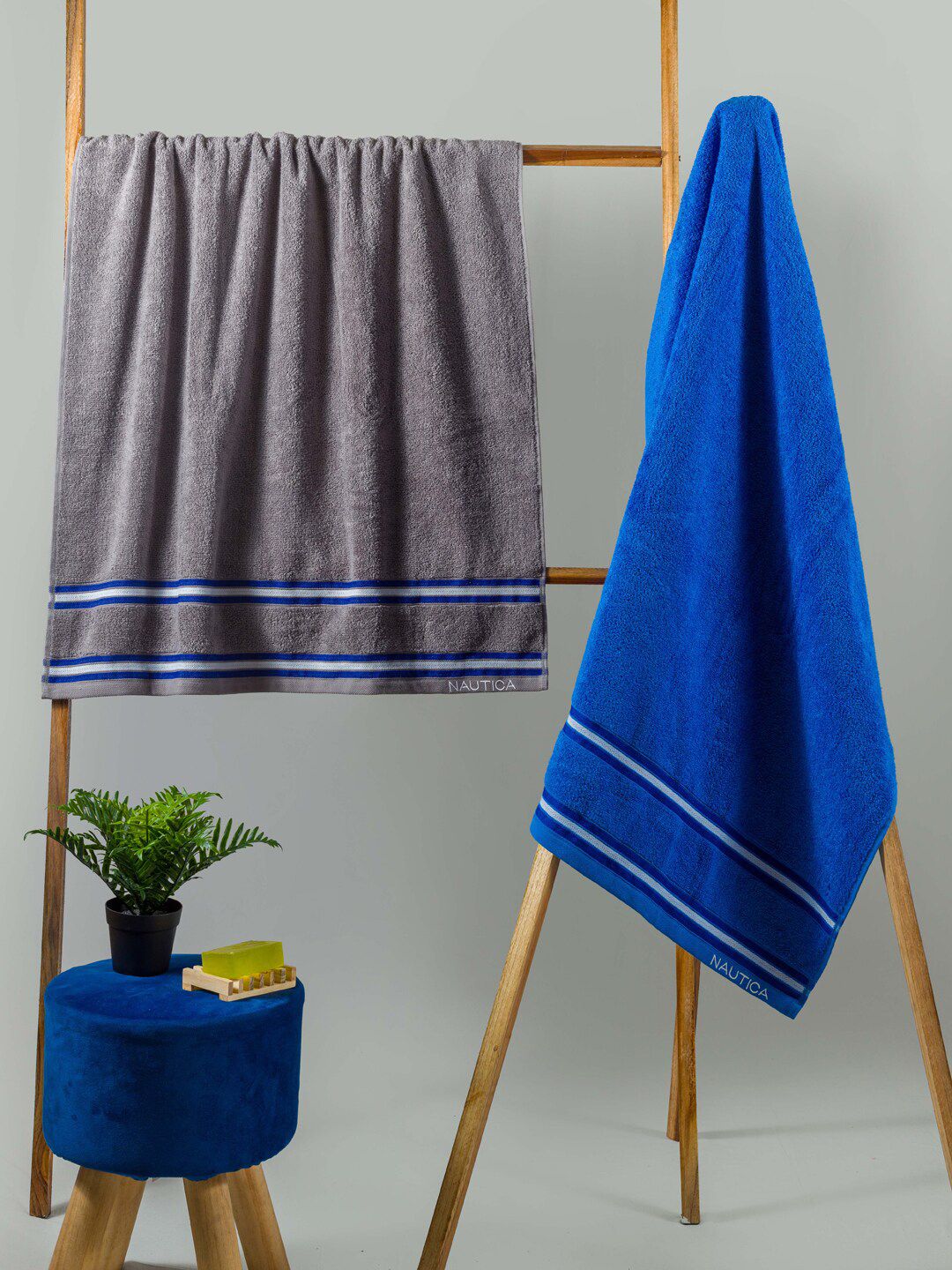 Nautica Pack Of 2 Grey & Blue Solid Pure Cotton Bath Towels-image-37