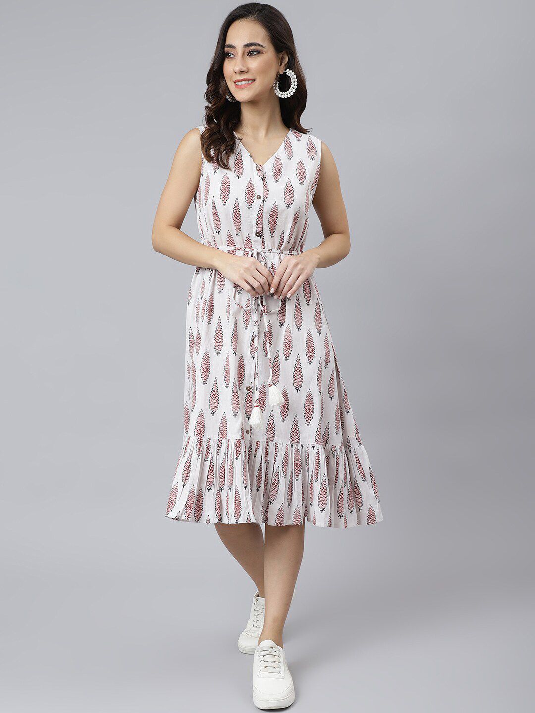 Janasya Cotton Ethnic Motifs Flared Dress