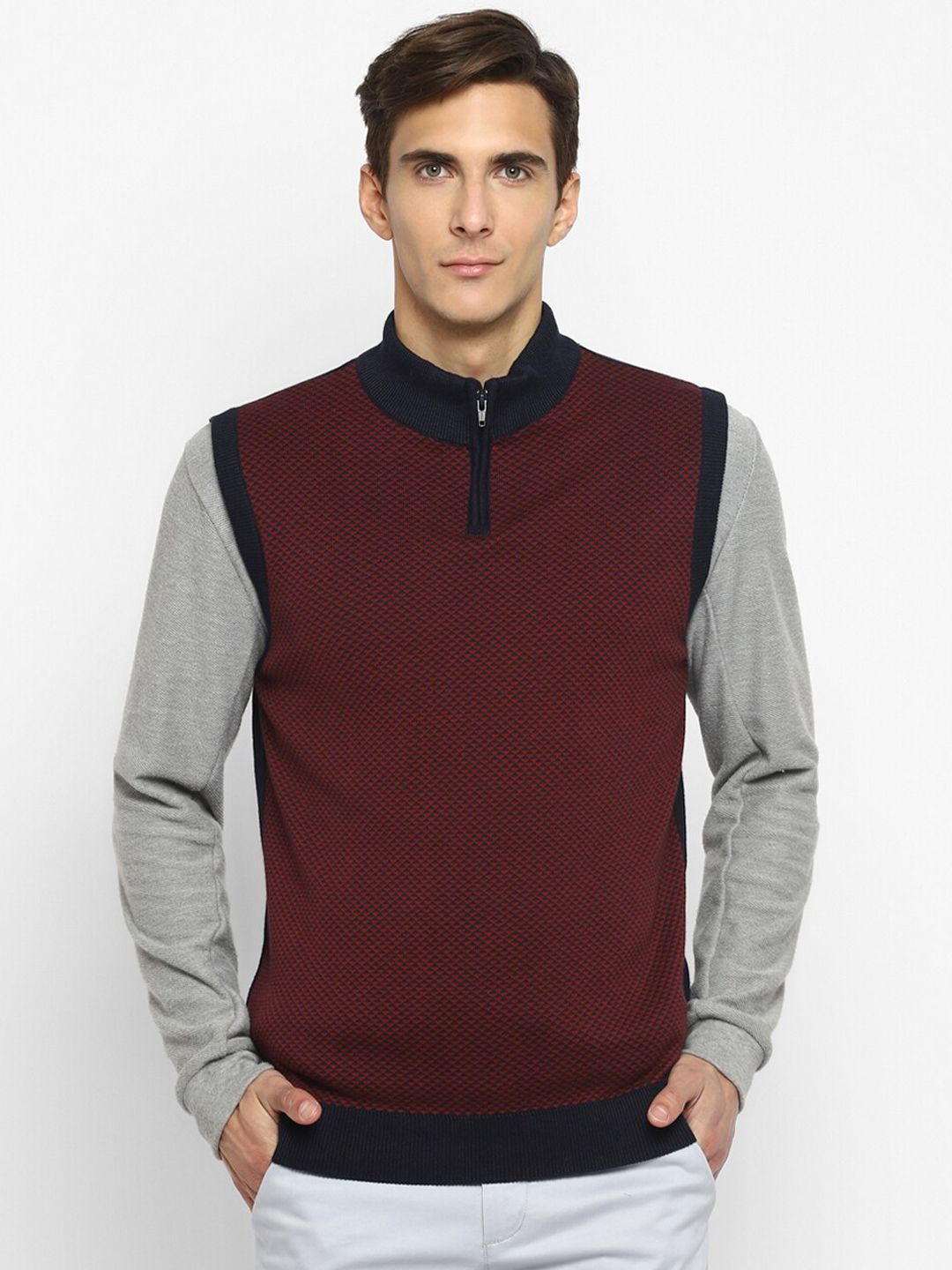 Turtle Men Maroon & Navy Blue Sleeveless Cotton Sweater Vest-image-24