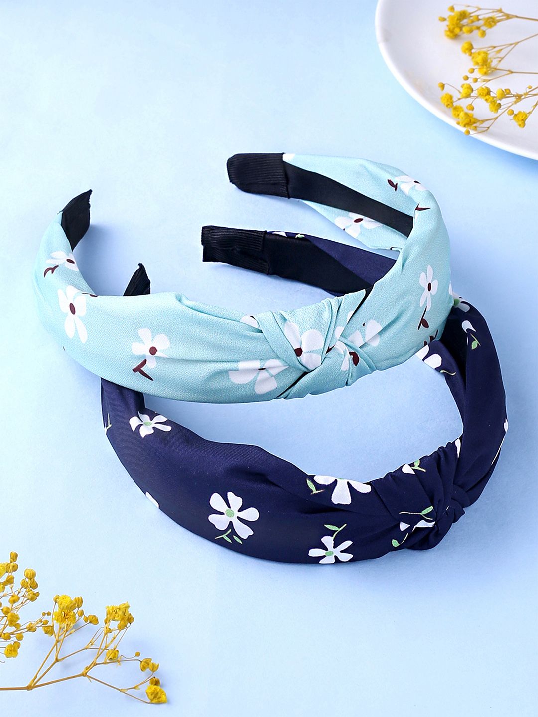 Yellow Chimes Women Blue & Green Set of 2 Floral Printed Knot Hairband-image-6