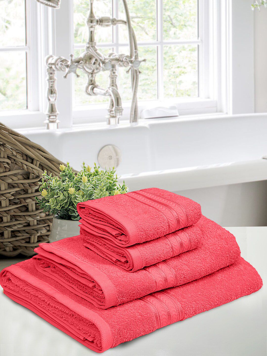 Home Fresh Set Of 4 Red Solid 400 GSM Cotton Towel Set-image-22