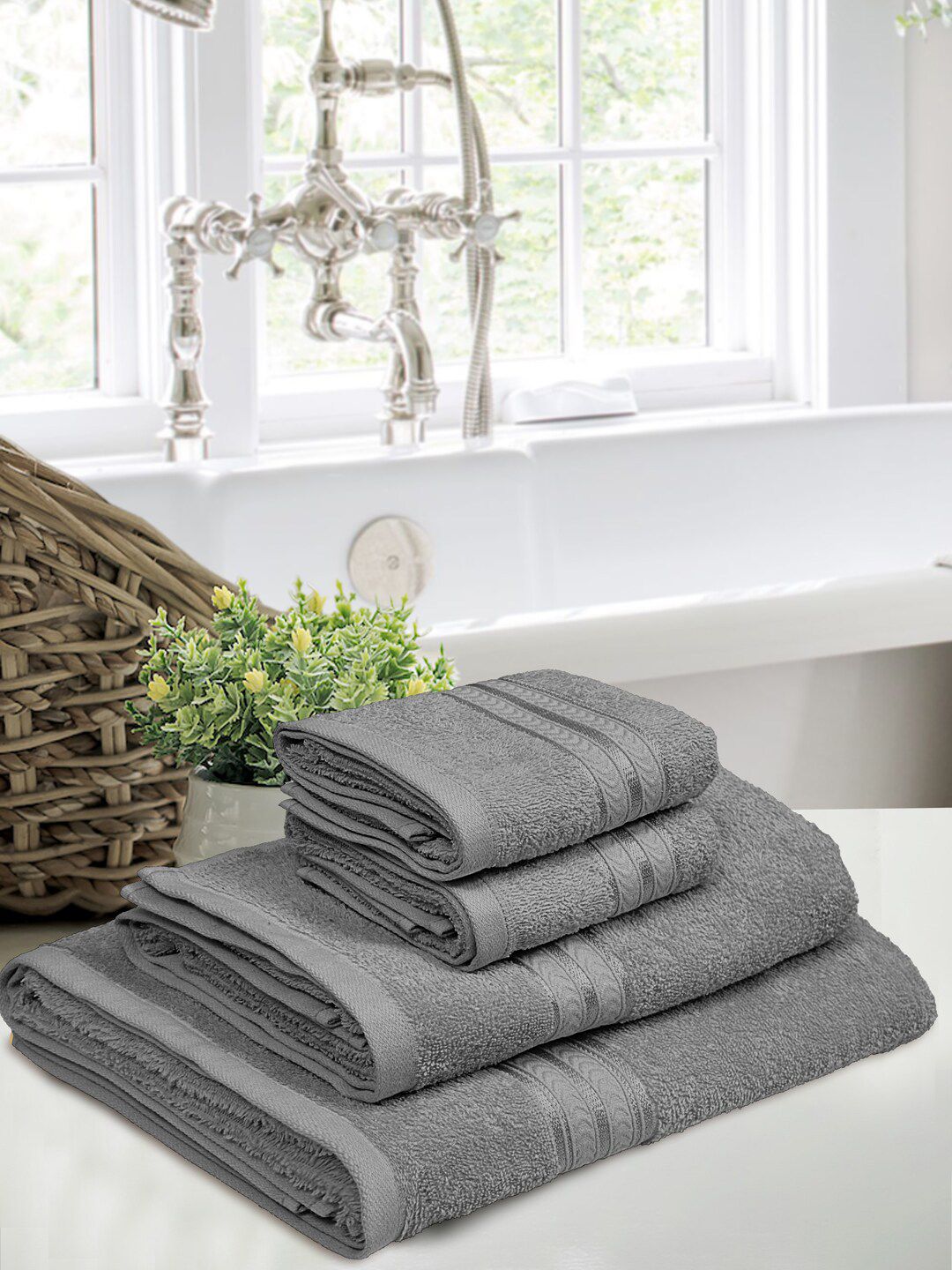 Home Fresh Set Of 4 Grey Solid 400 GSM Cotton Towel Set-image-7