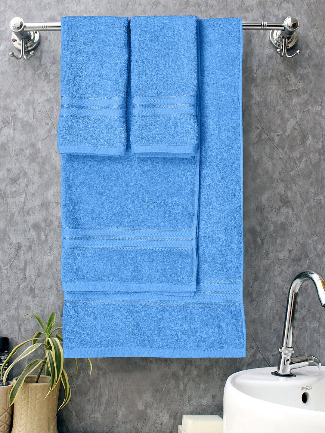 Home Fresh Set Of 4 Blue Solid 400GSM Solid Cotton 4Pcs Towel Set-image-11