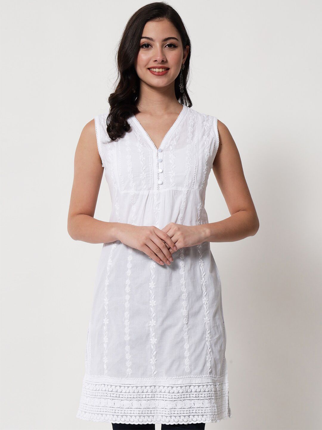 PARAMOUNT CHIKAN White Ethnic Motifs Embroidered V-Neck Chikankari Pure Cotton Chikankari Sustainable Kurti-picture-23