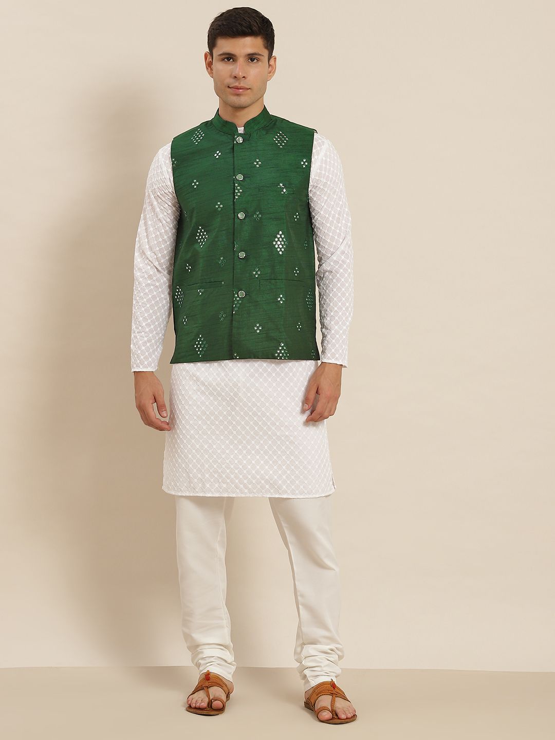 SOJANYA Men White Embroidered Pure Cotton Kurta with Churidar & Nehru Jacket-picture-32