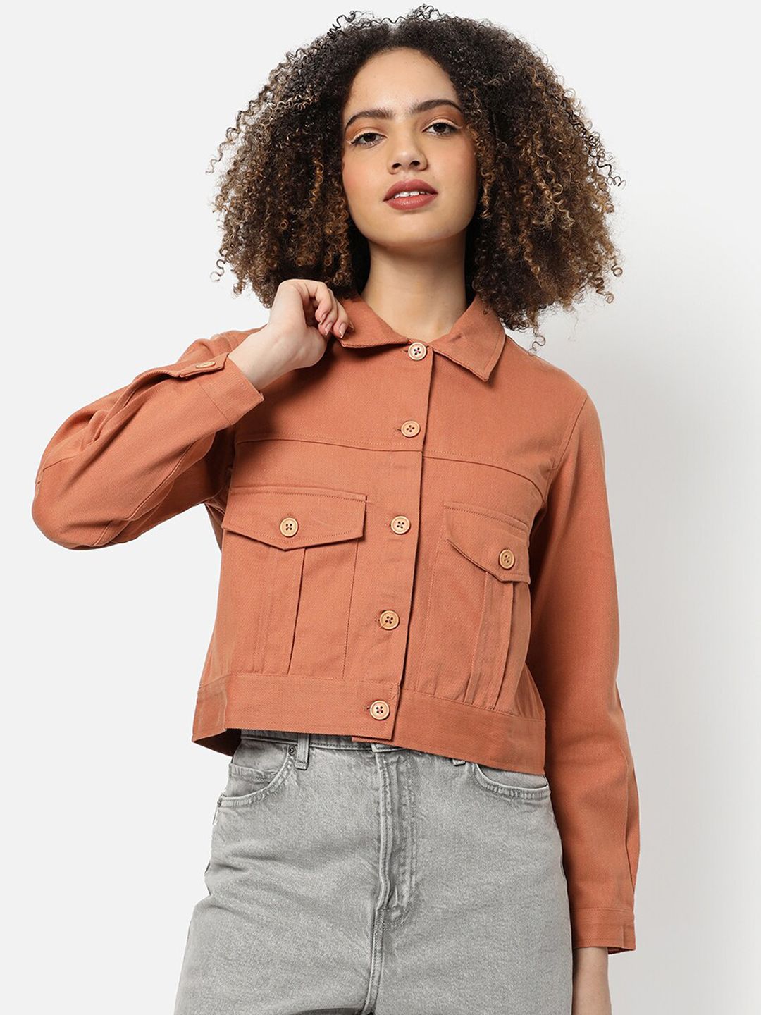 Campus Sutra Women Peach-Coloured Windcheater Outdoor Denim Jacket