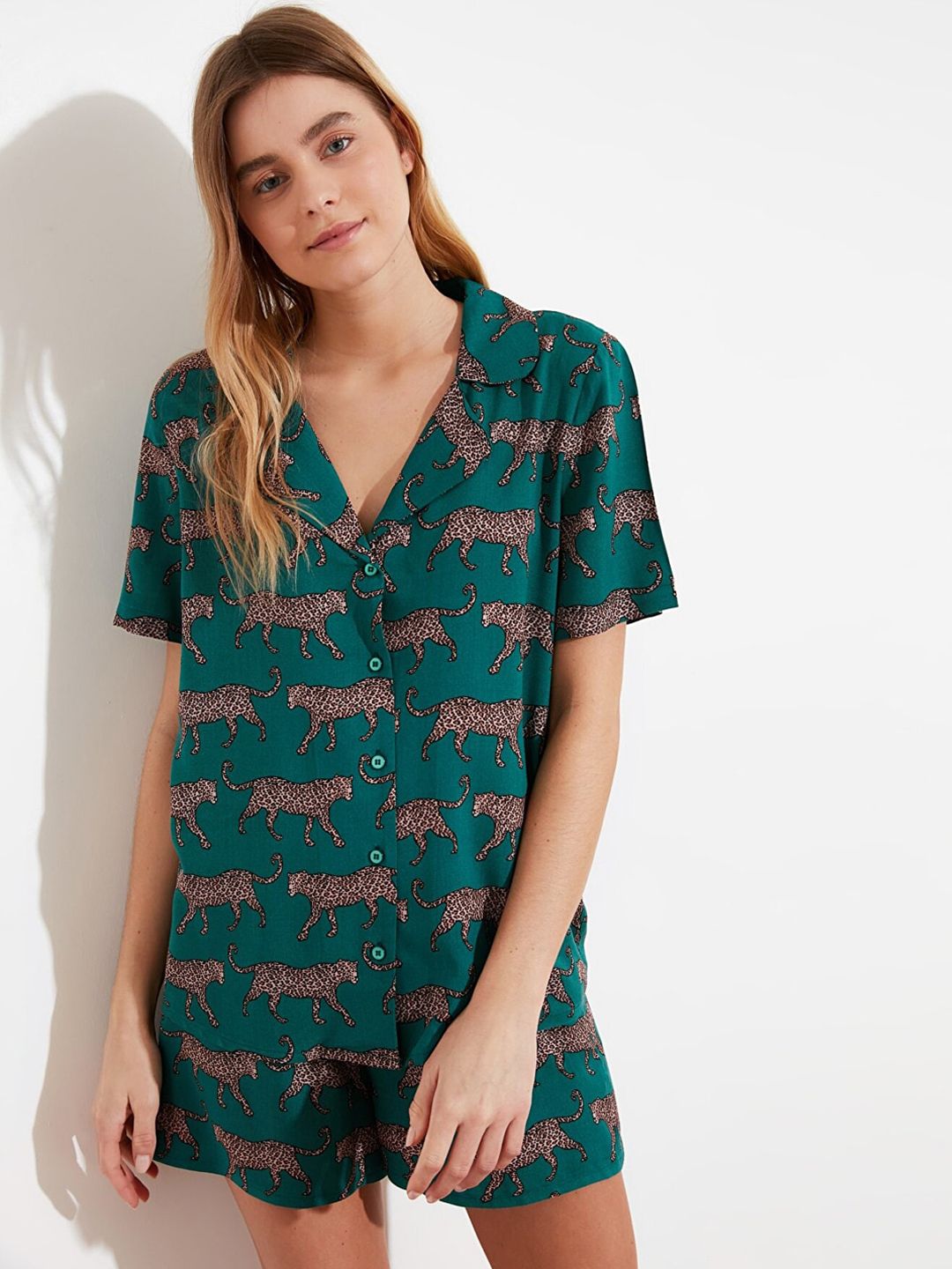 Trendyol Women Green & Brown Printed Night suit-image-12