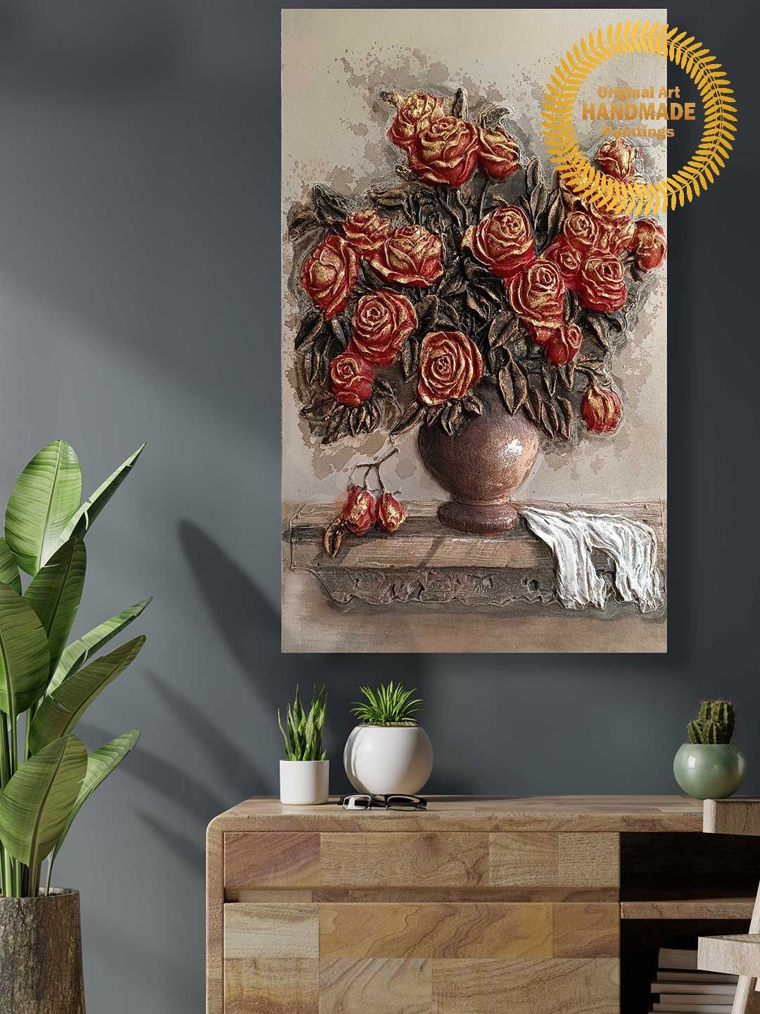 Art Street Red & Gold-Coloured Floral Handmade Original Wall Art Painting-image-2