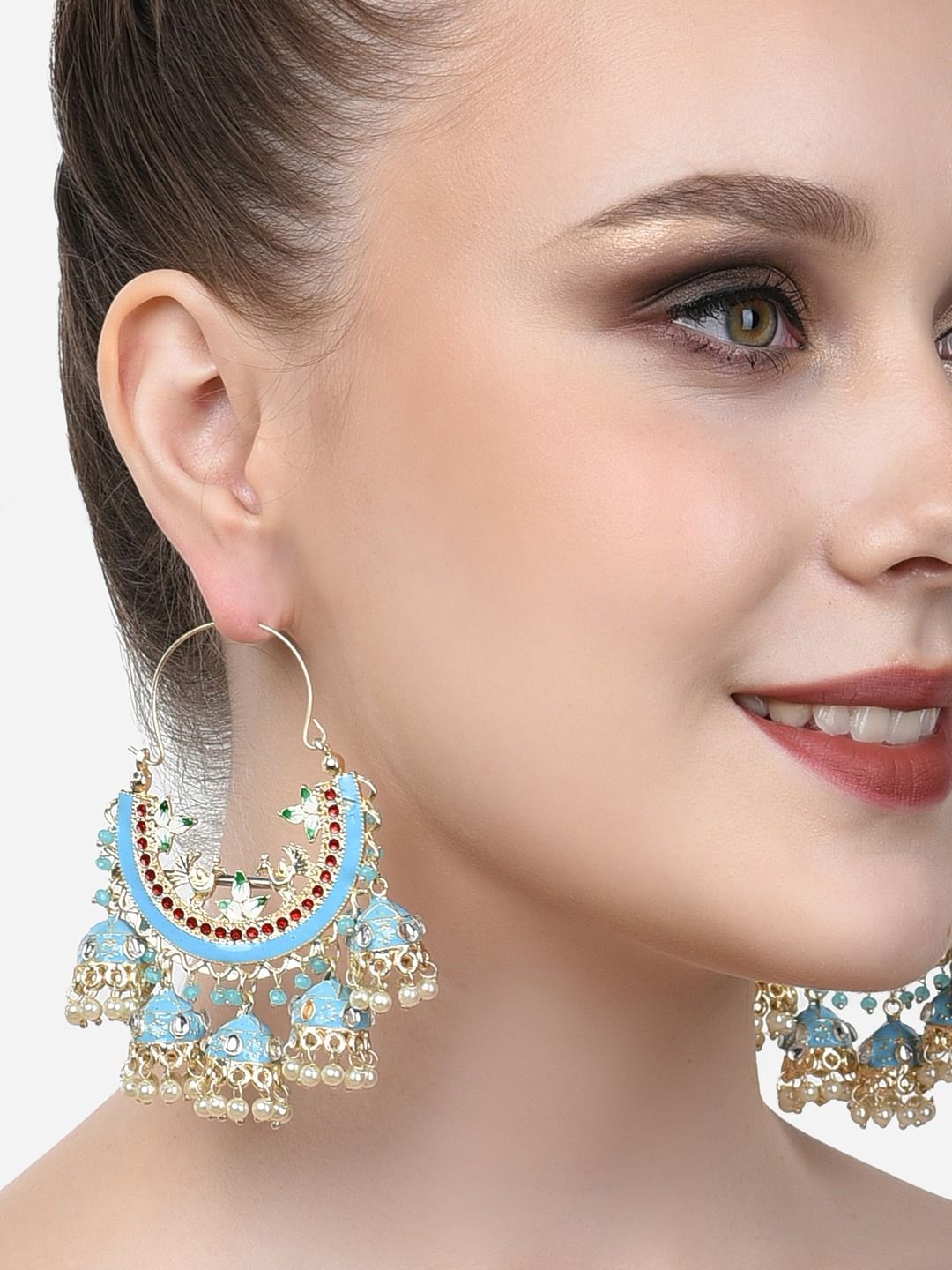 Zaveri Pearls Blue & Gold Plated Crescent Shaped Chandbalis Earrings-picture-15