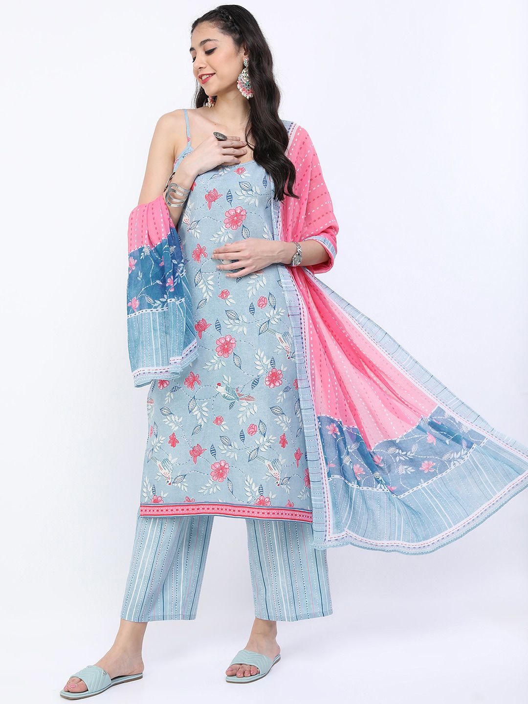 Vishudh Women Blue Floral Printed Regular Pure Cotton Kurta with Trousers & With Dupatta-picture-25