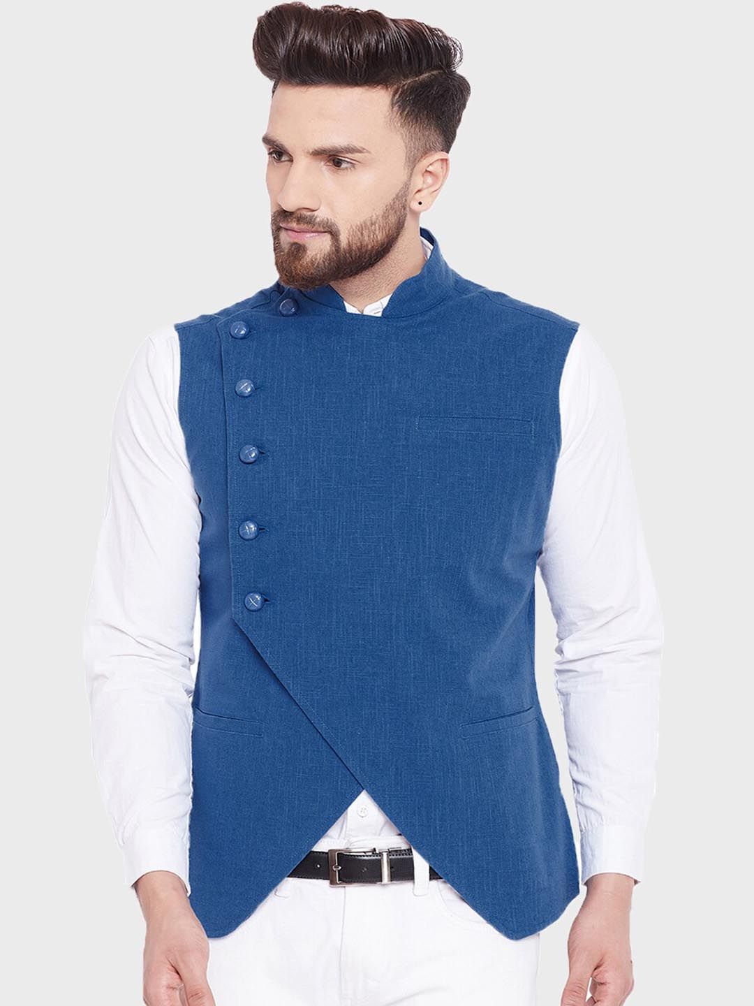 Hypernation Men Blue Solid Cotton Nehru Jacket-picture-26