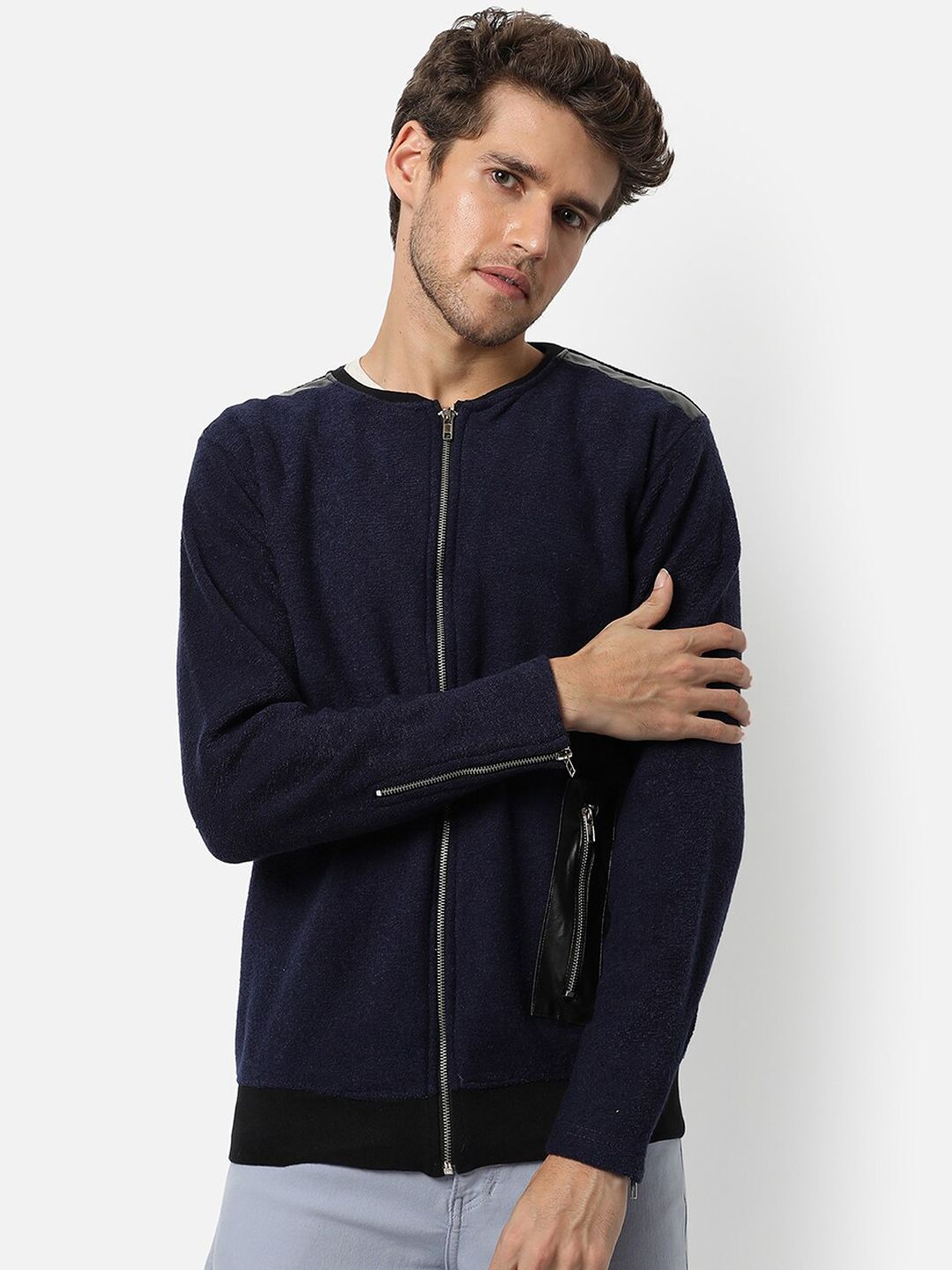 cahoot Campus Sutra Men Navy Blue Windcheater Outdoor Open Front Jacket with Patchwork-picture-39