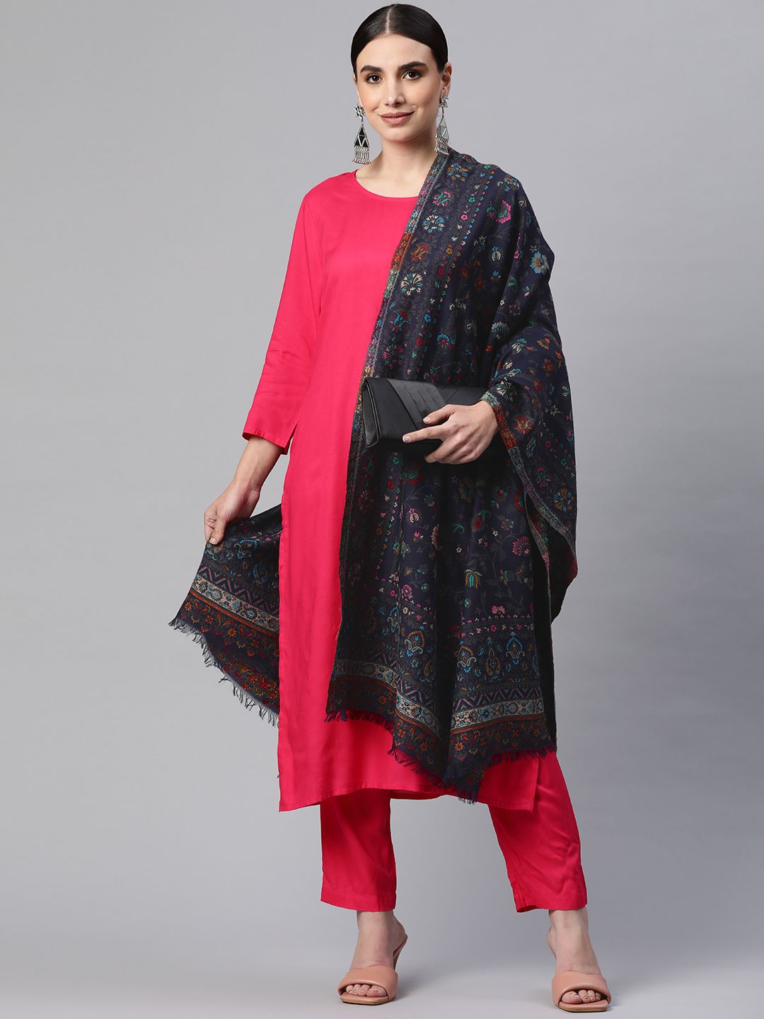 WEAVERS VILLA Women Navy Blue & Pink Floral Woven Design Woollen Shawl-picture-10