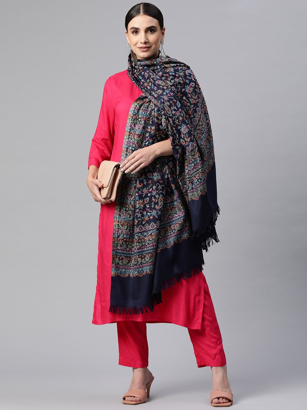 WEAVERS VILLA Women Navy Blue Woven Design Shawl-picture-18