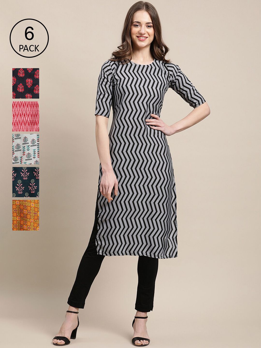 7threads KALINI Women Pack of 6 Black & Pink Printed Crepe Kurta-picture-29