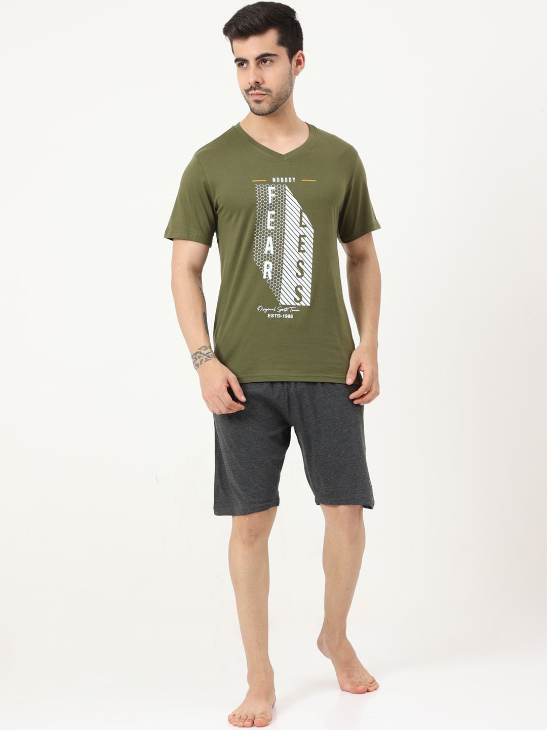 Masculino Latino Men Olive Green & White Printed Night suit-picture-23