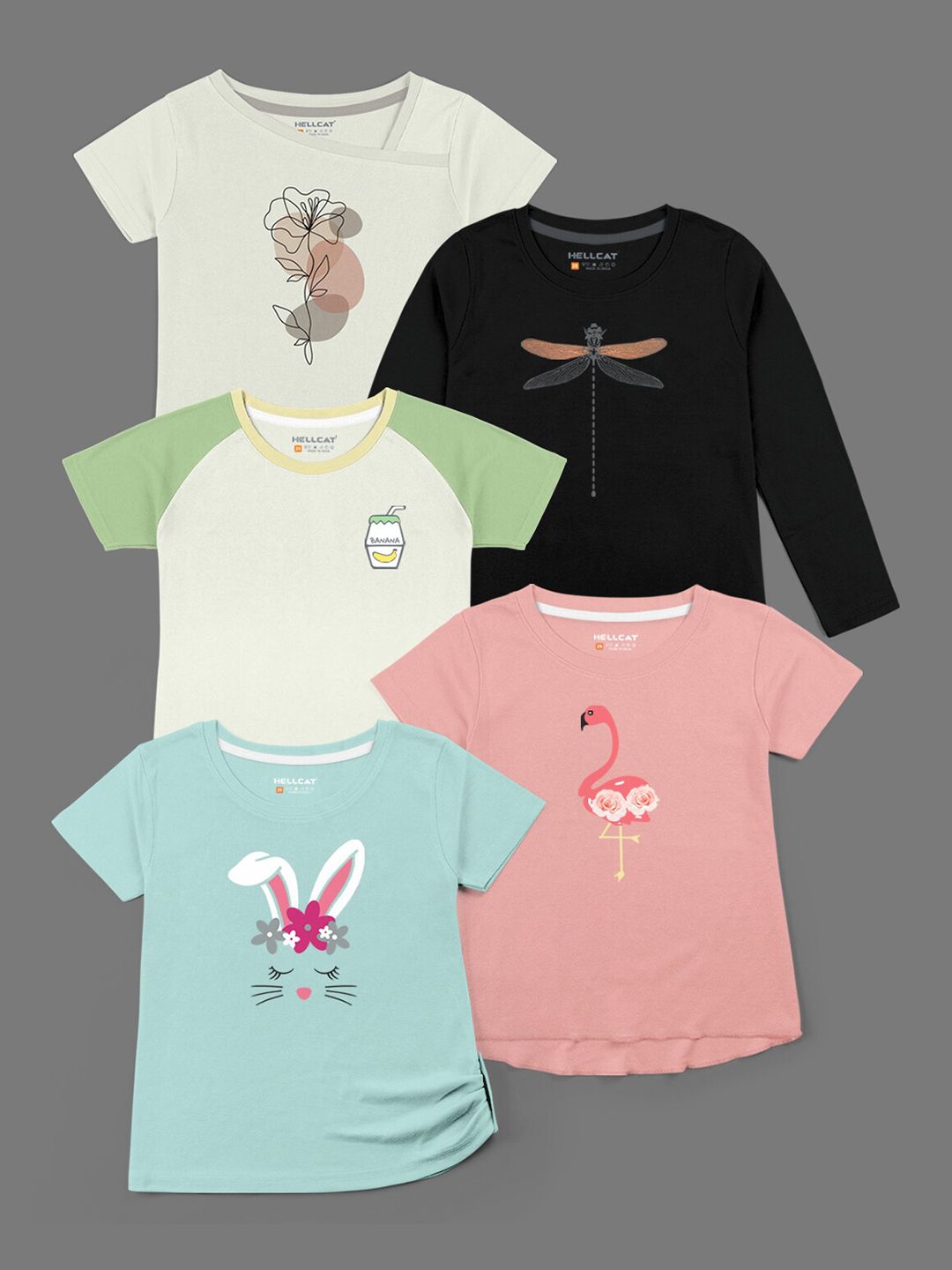 HELLCAT Pack of 5 Girls Black & Pink Printed Bio Finish T-shirt-picture-44
