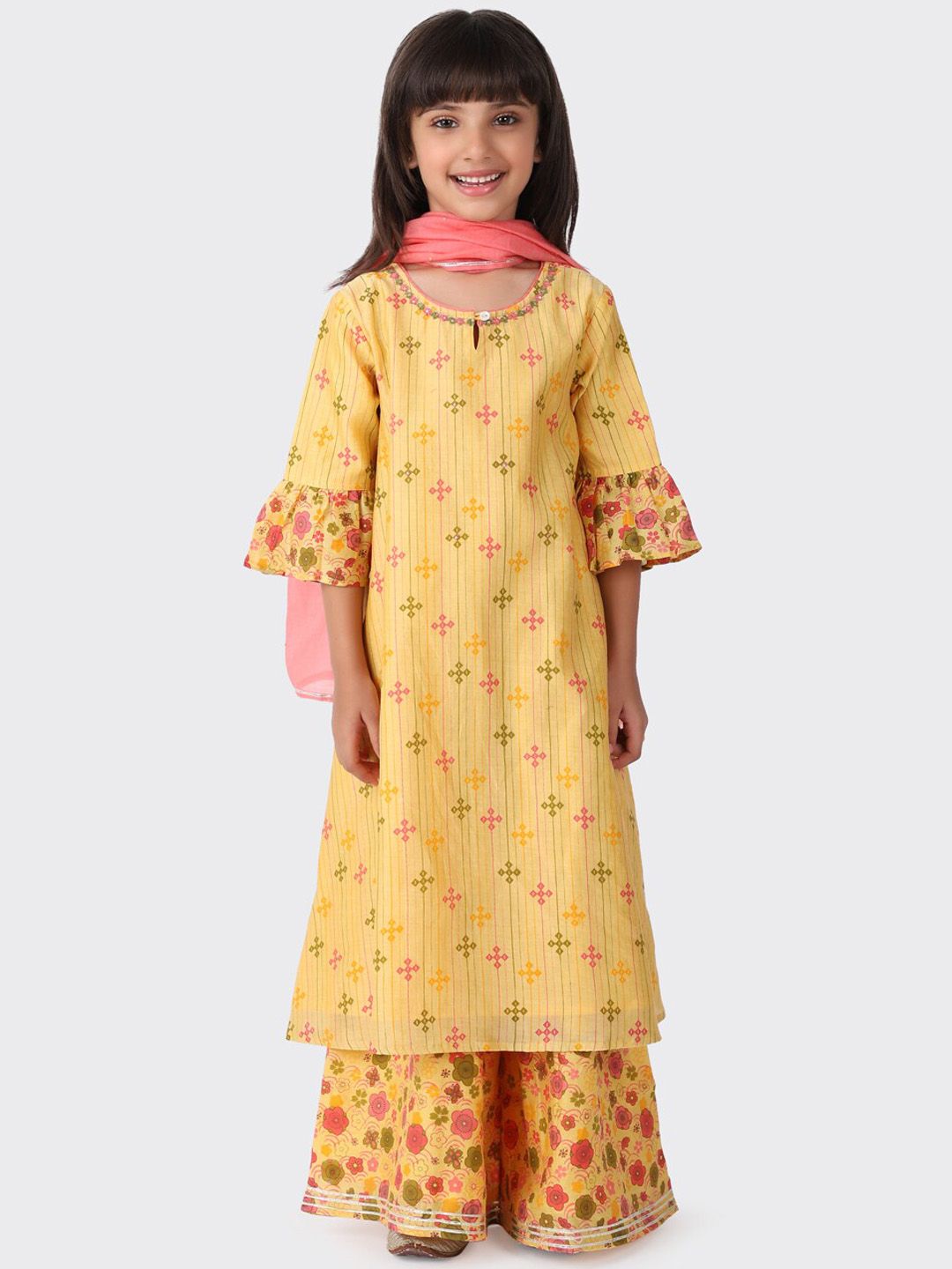 Fabindia Girls Yellow Floral Printed Kurta with Trousers & With Dupatta-image-0